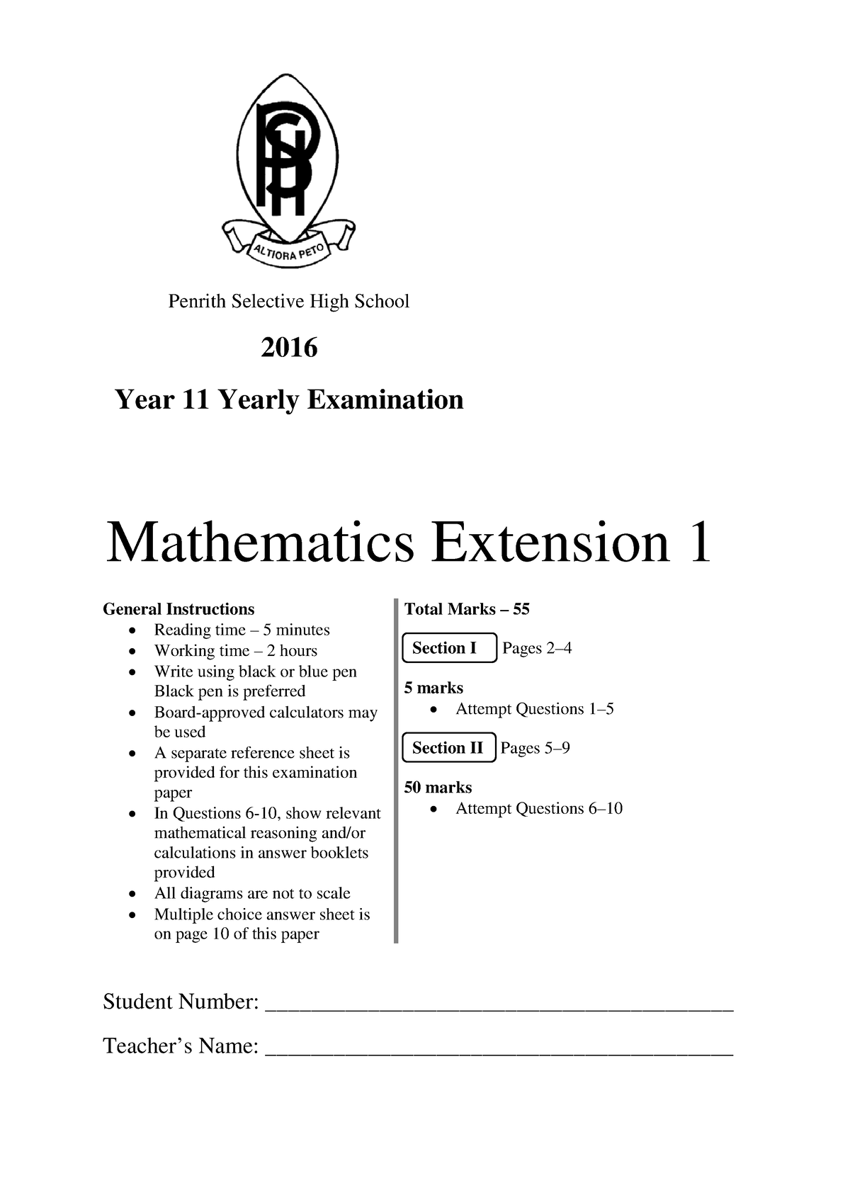 2016 P 3U - Penrith - Prelim Yearly Exam Paper - Mathematics Extension ...