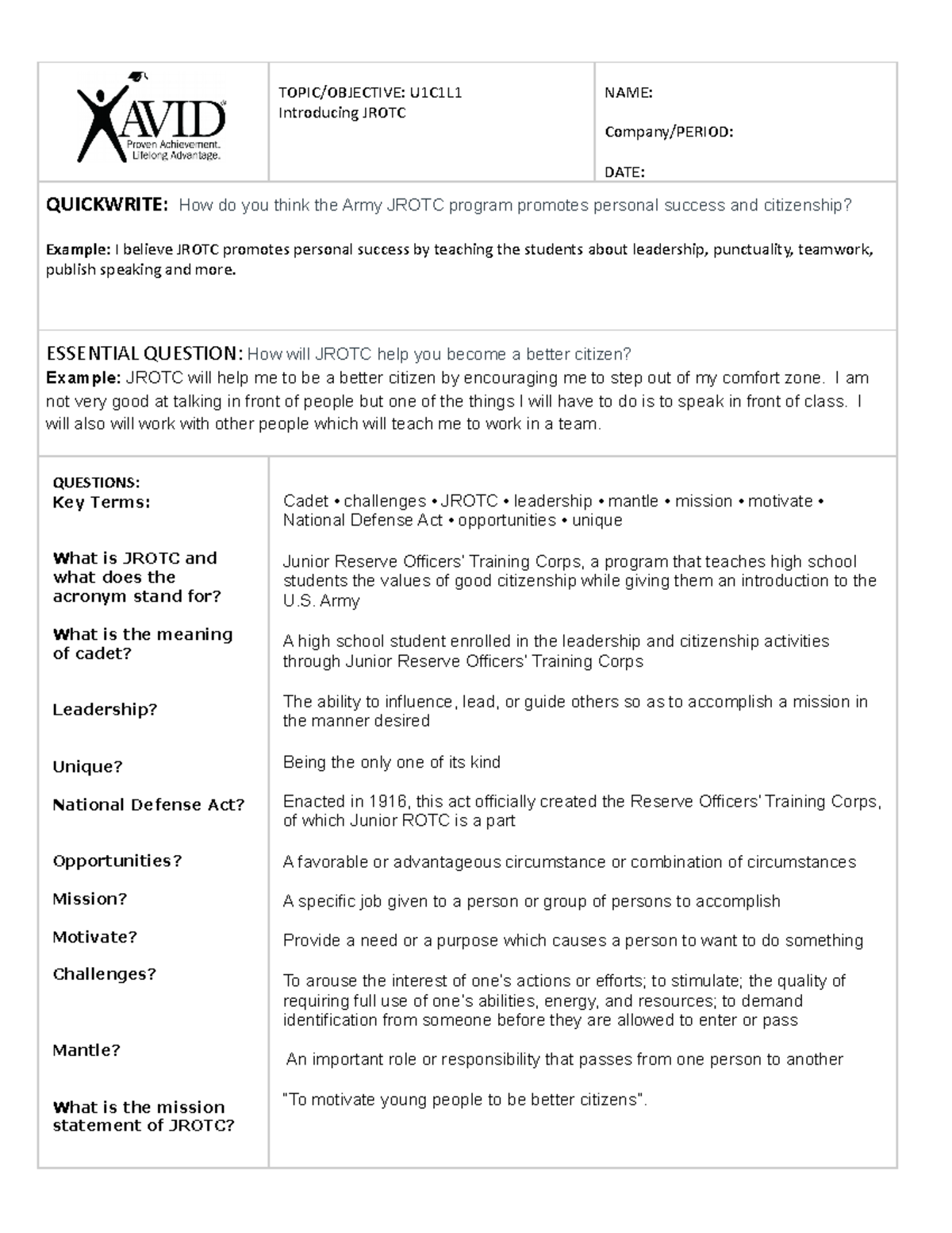 u1c1l1-avid-notes-filled-topic-objective-u1c1l-introducing-jrotc