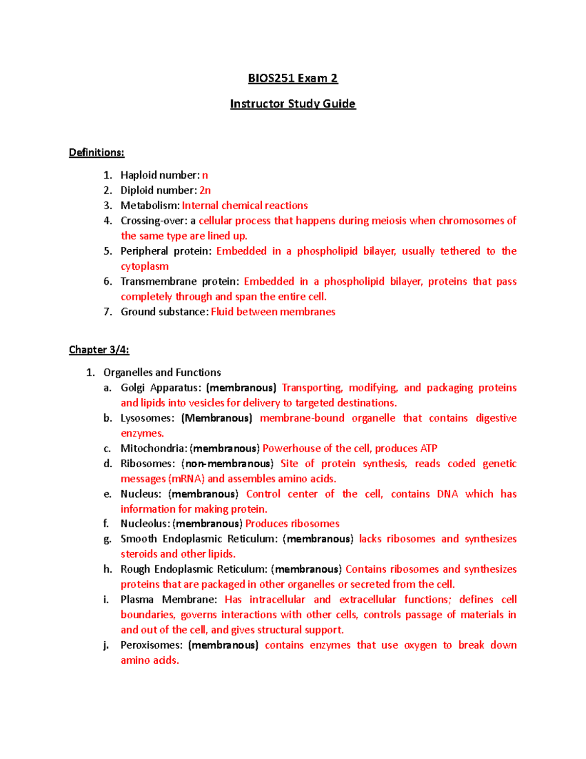 Exam 2 instructor study guide - BIOS251 Exam 2 Instructor Study Guide ...