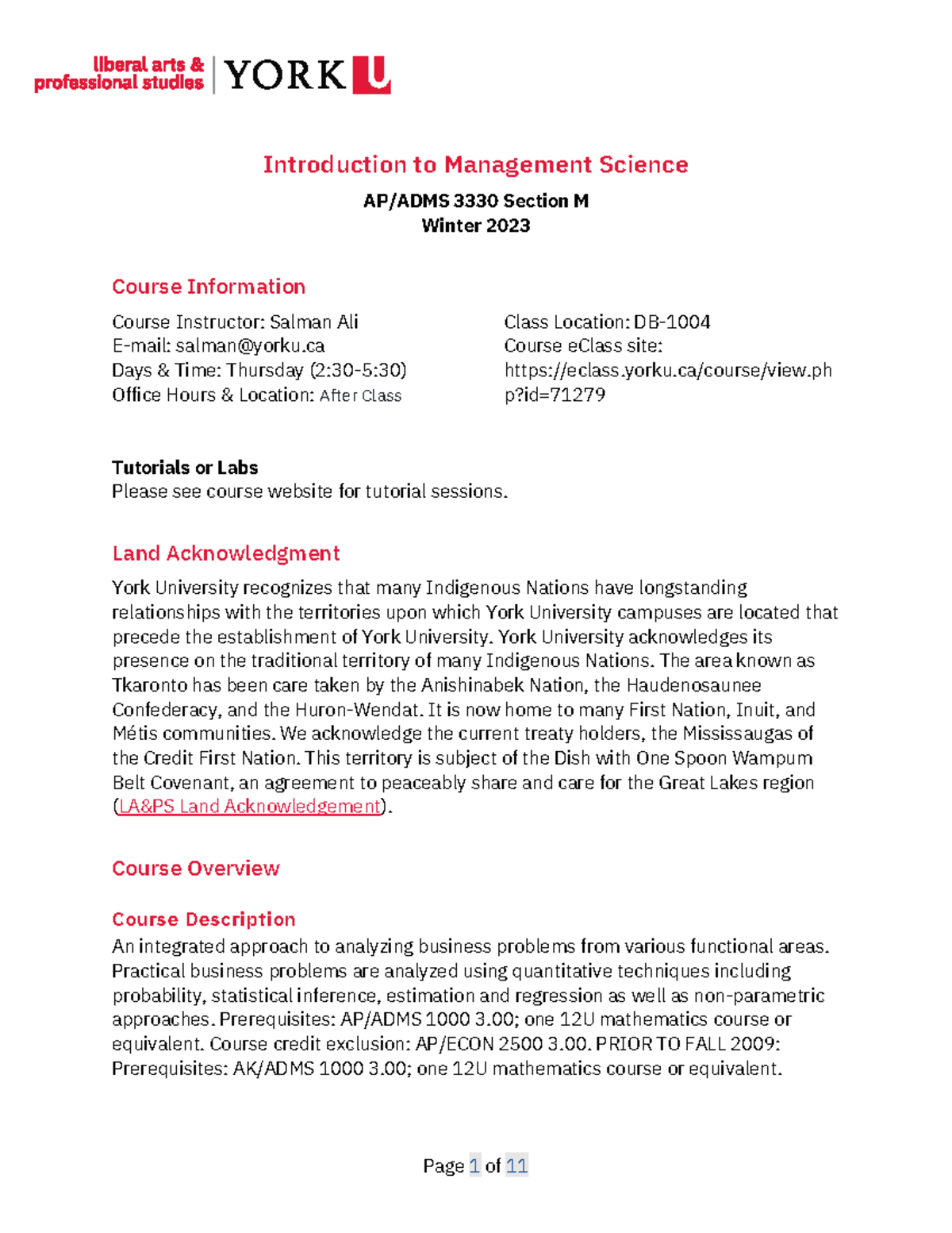 3330 M Course Outline - Introduction to Management Science AP/ADMS 3330 ...