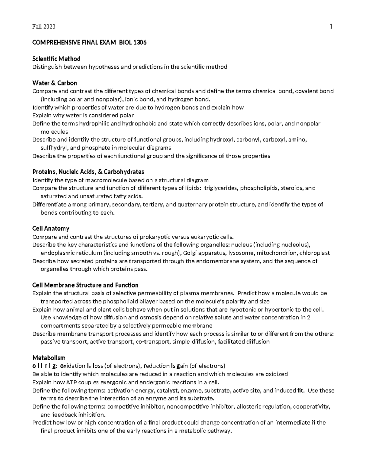 Final Exam- Bio 1306 - Bio - Fall 2023 1 COMPREHENSIVE FINAL EXAM BIOL ...