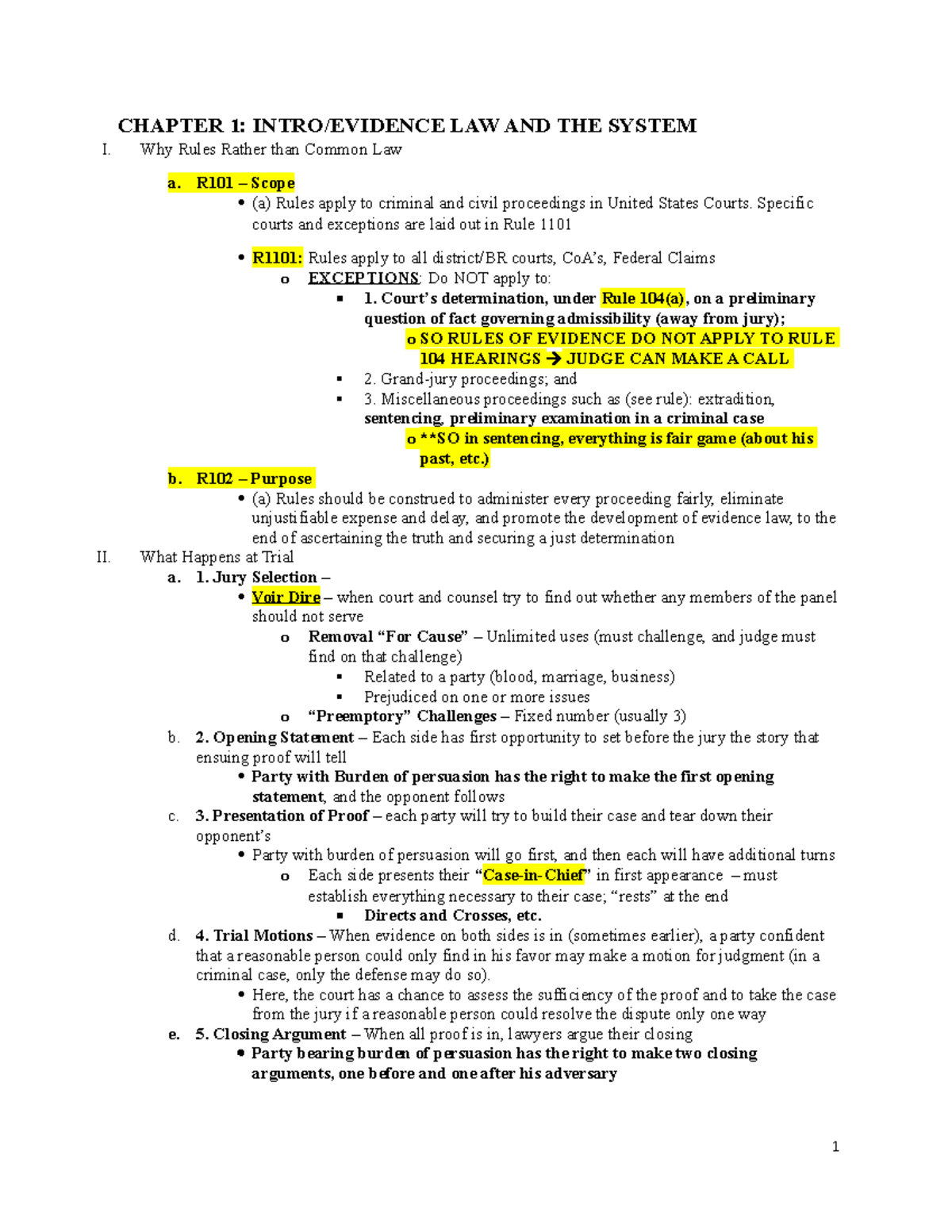 Evidence Outline - CHAPTER 1: INTRO/EVIDENCE LAW AND THE SYSTEM I. Why ...