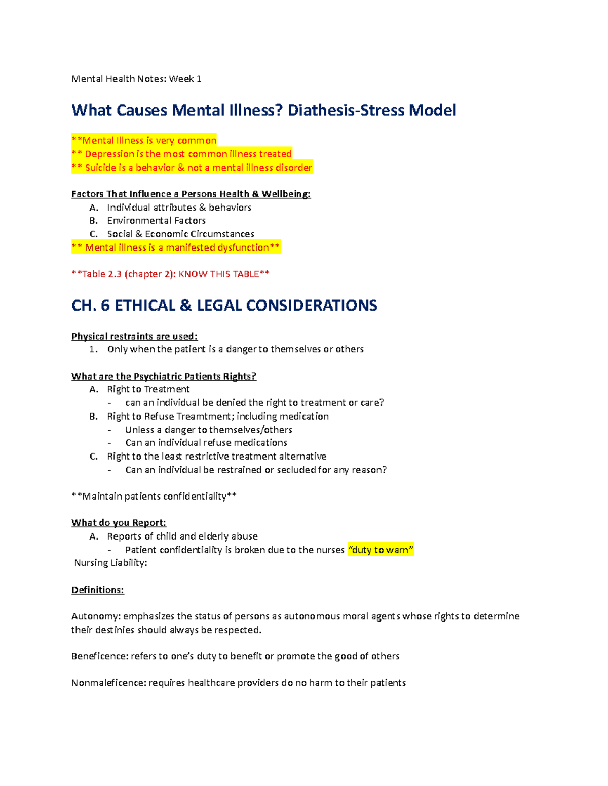 Mental Health Week 1 Notes - Mental Health Notes: Week 1 What Causes ...
