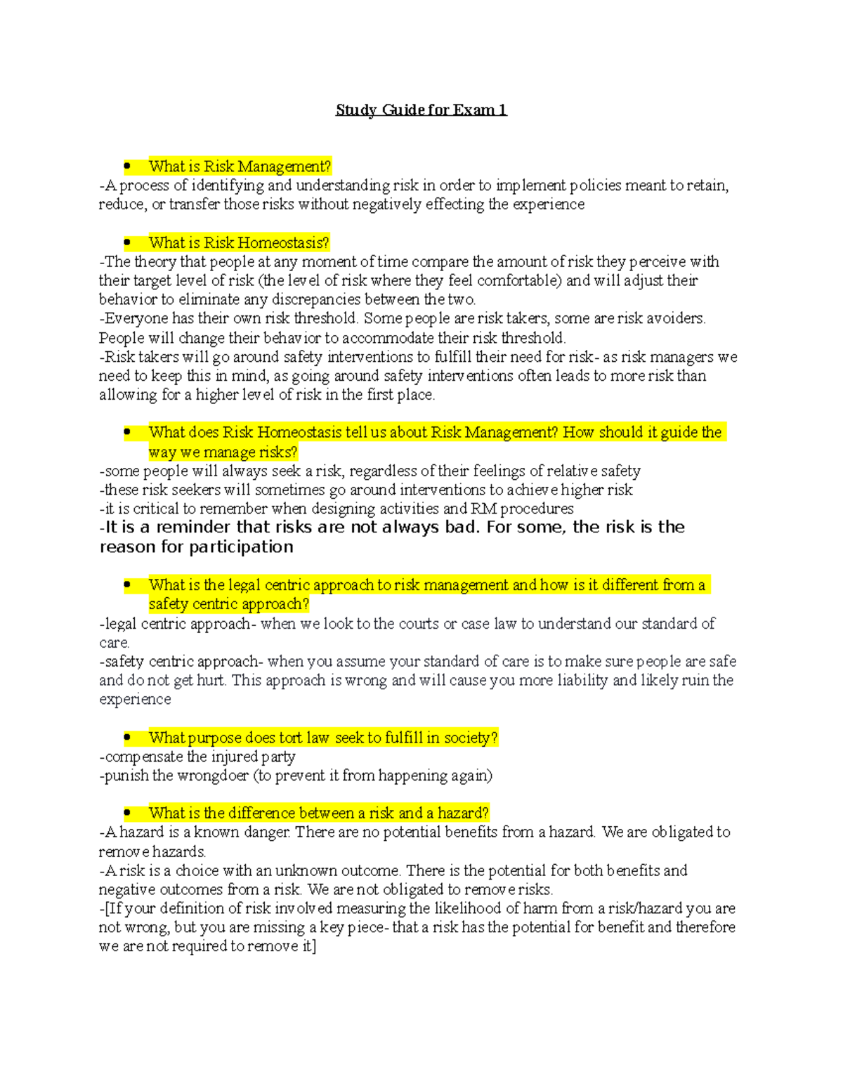 Risk Management Exam 1 study guide - Study Guide for Exam 1 What is ...