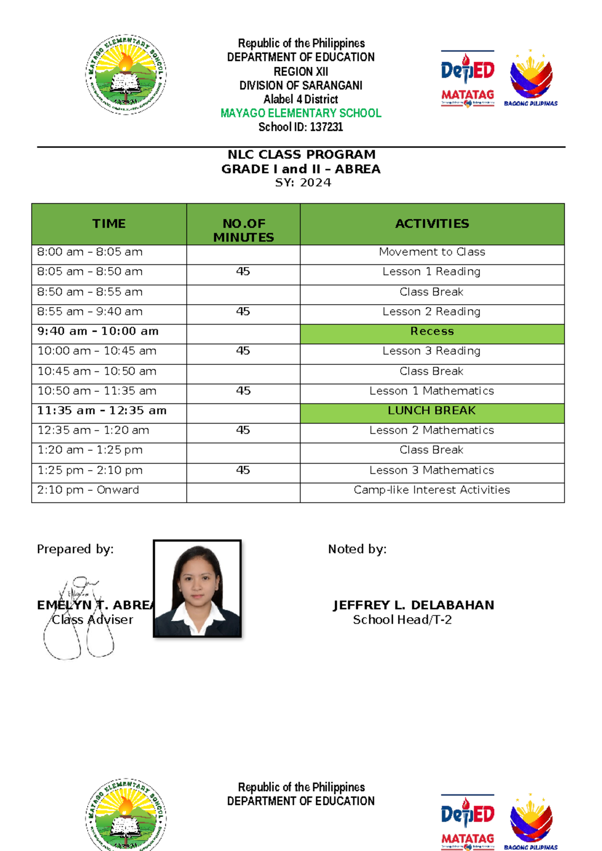 Nlc Class Program Republic Of The Philippines Department Of Education Region Xii Division Of