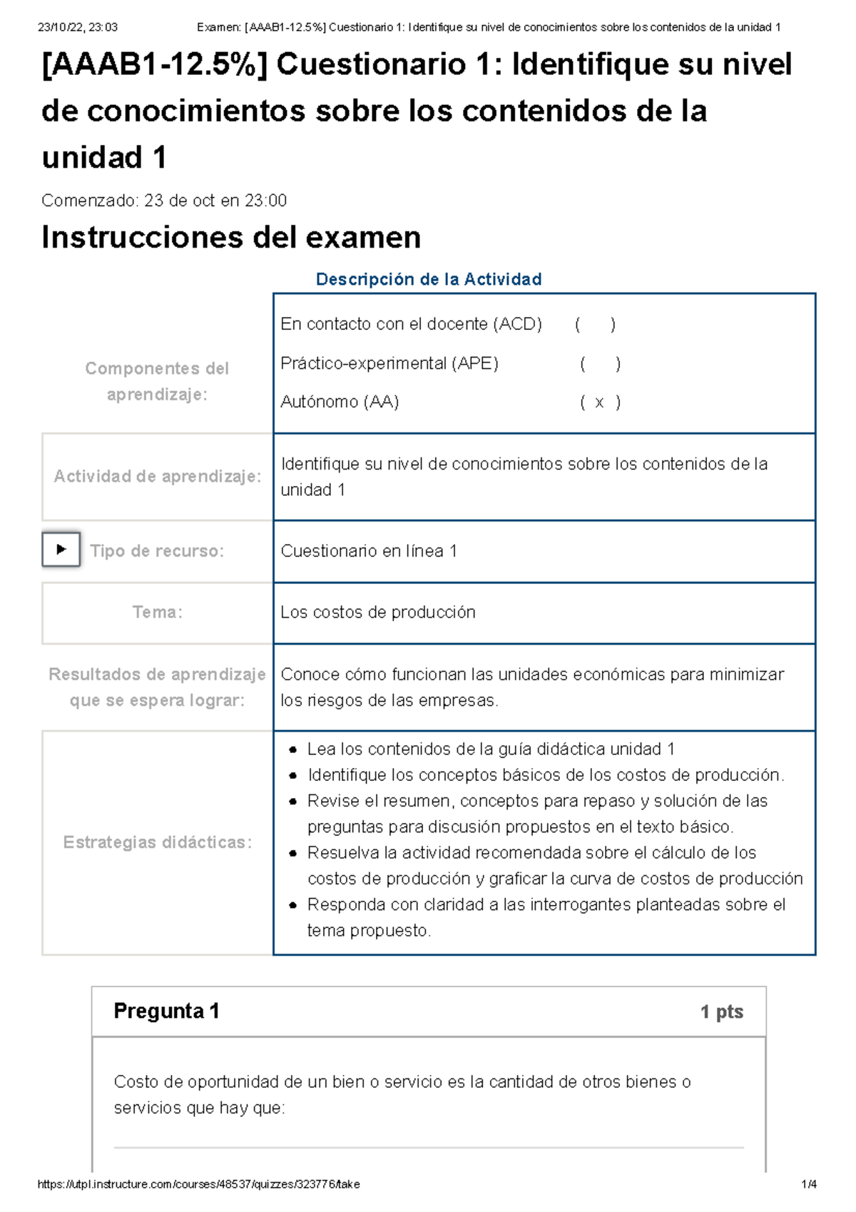 Examen [AAAB 1-12.5%] Cuestionario 1 Identifique su nivel de ...