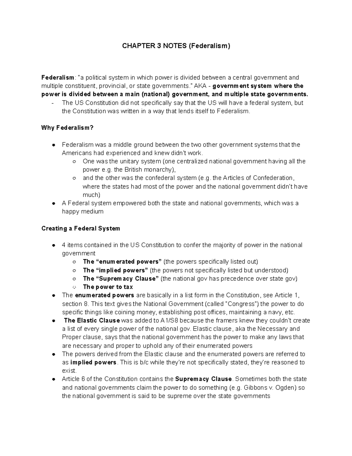 Chapter 3 Notes (Federalism) - CHAPTER 3 NOTES (Federalism) Federalism ...