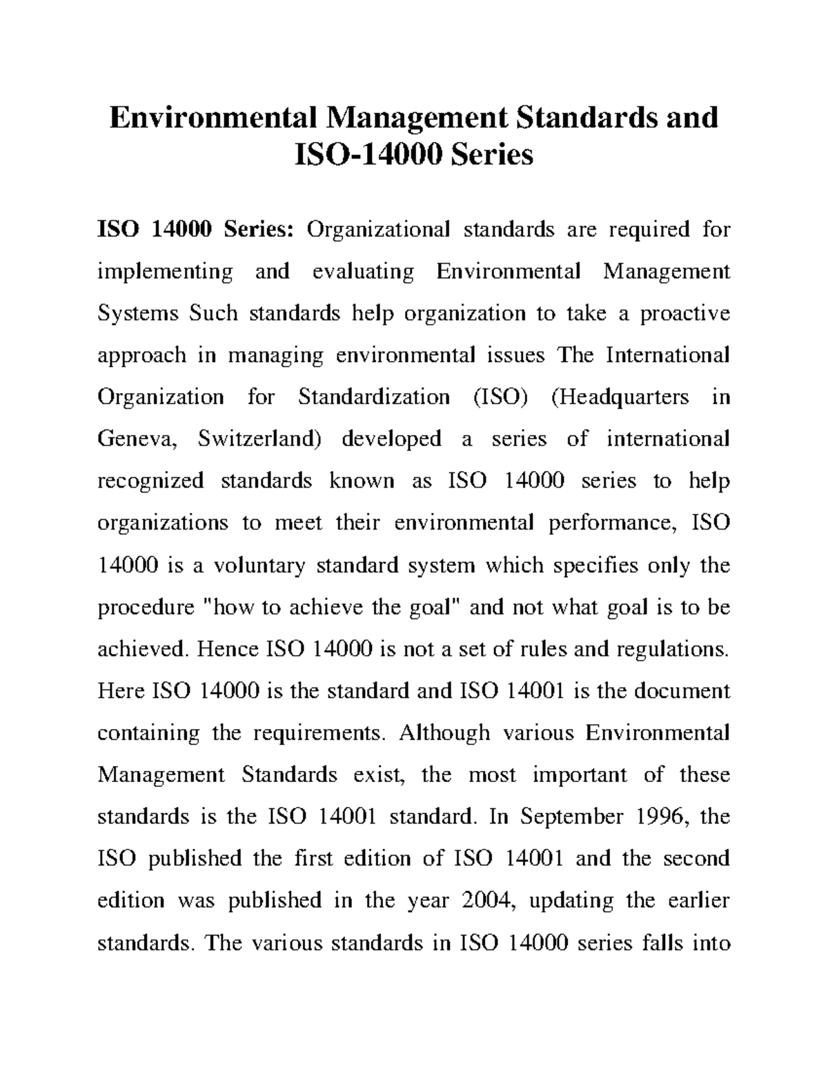 Environmental Management Standards and ISO14000 series Environmental