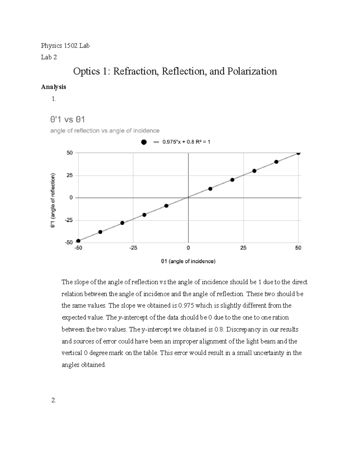 Lab 2 Optics 1 Refraction, Reflection, AND Polarization - Physics 1502 ...