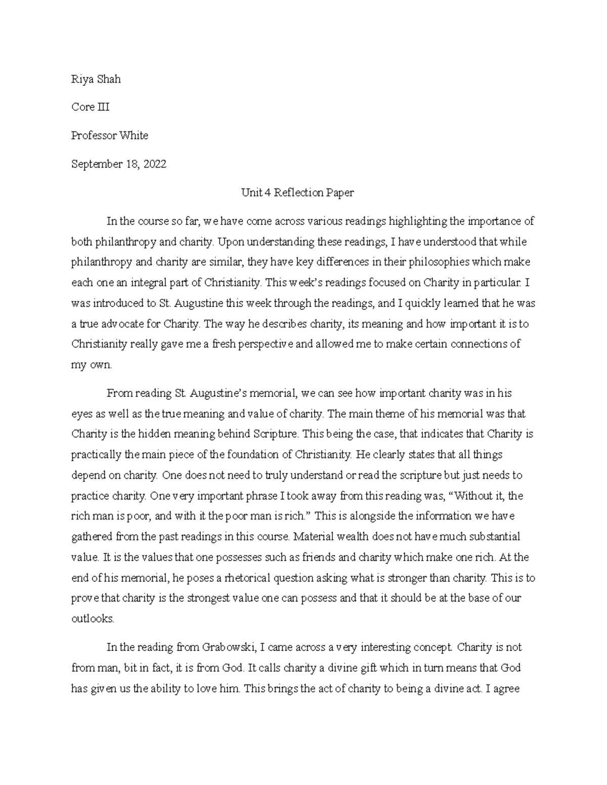 Unit 4 Reflection Paper - Riya Shah Core III Professor White September ...