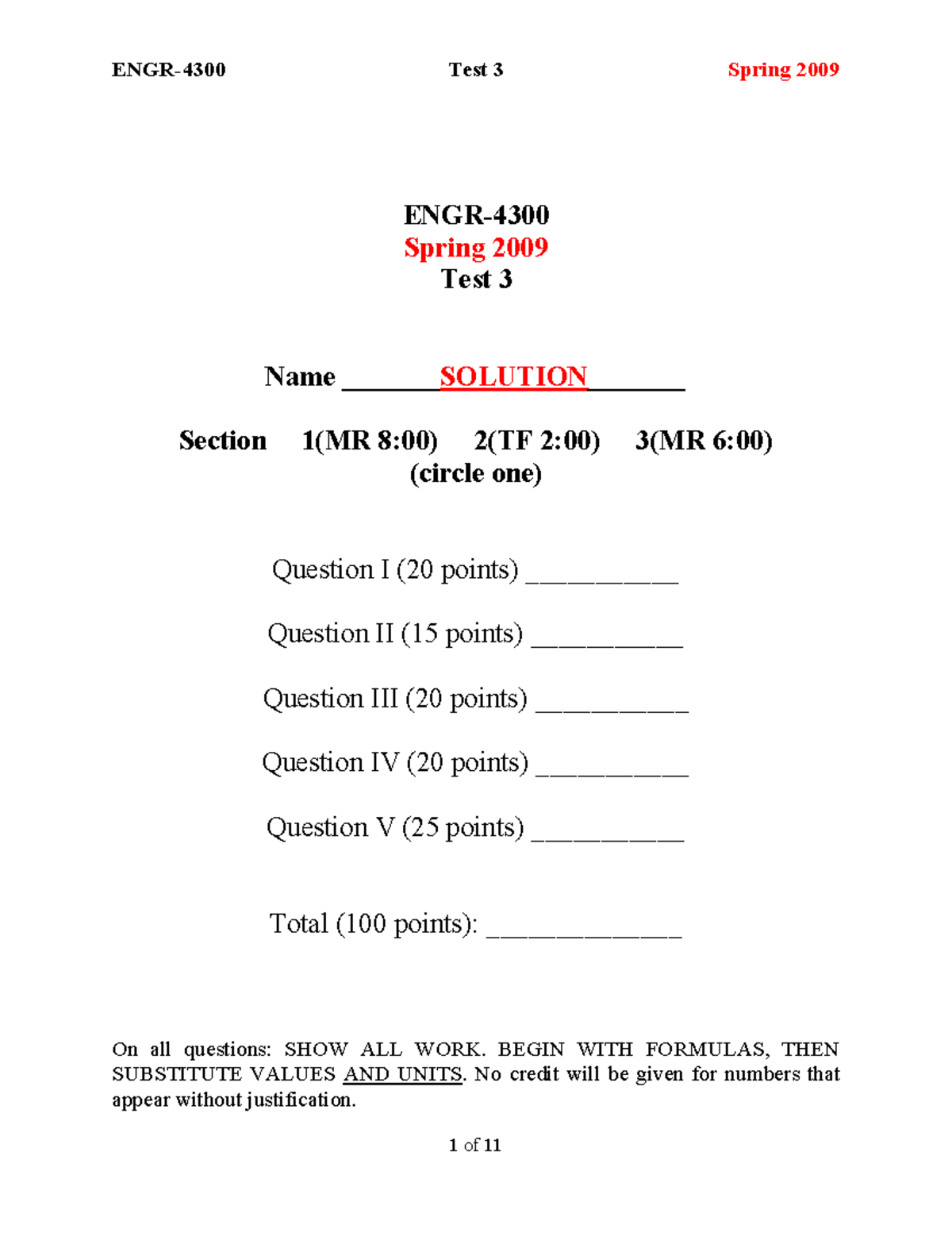 Ei Quiz 3 Spring 2009 Solutions 1 Of 11 Engr Spring 2009 Test 3 Name