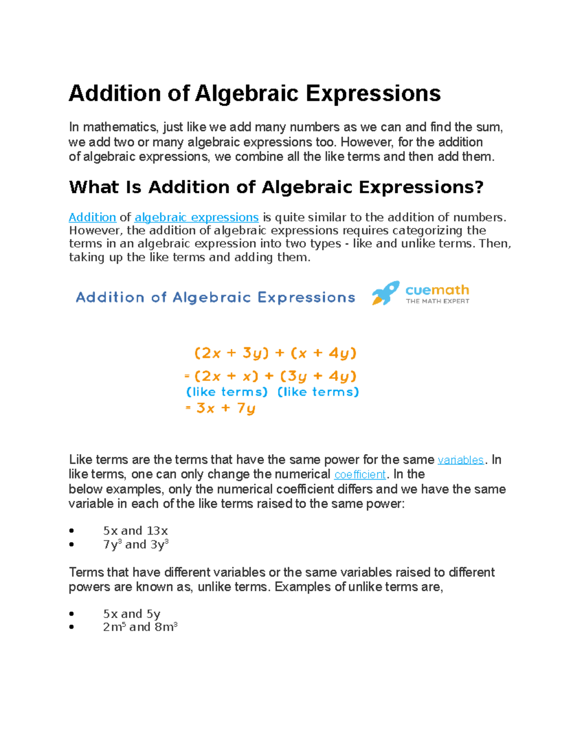 Addition of Algebraic Expressions - However, for the addition of ...