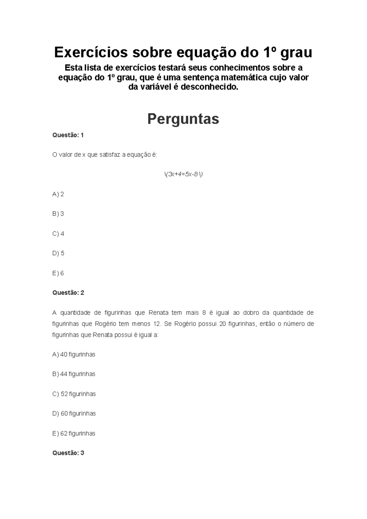 Exercícios sobre equação do 1º grau - Exercícios sobre equação do 1º ...