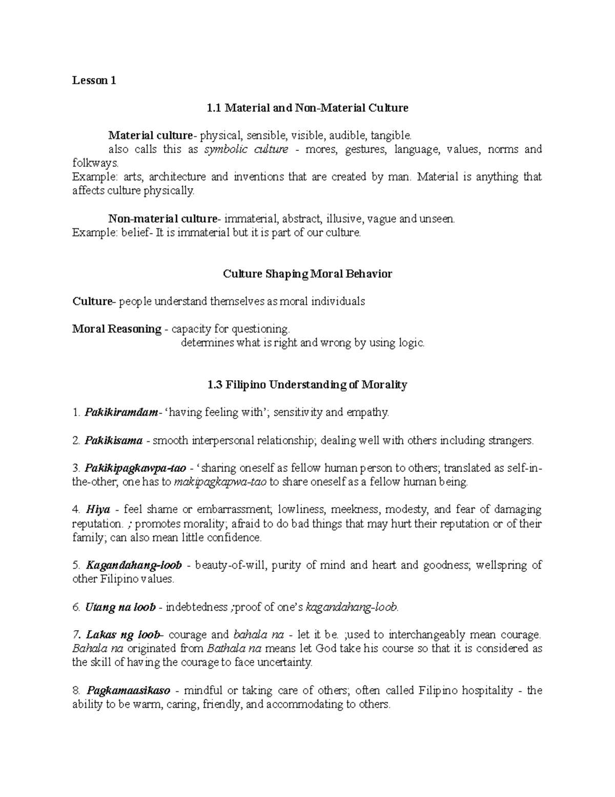 Lesson 1.1 Culture IN Moral Behavior Lesson 1 1 Material and Non