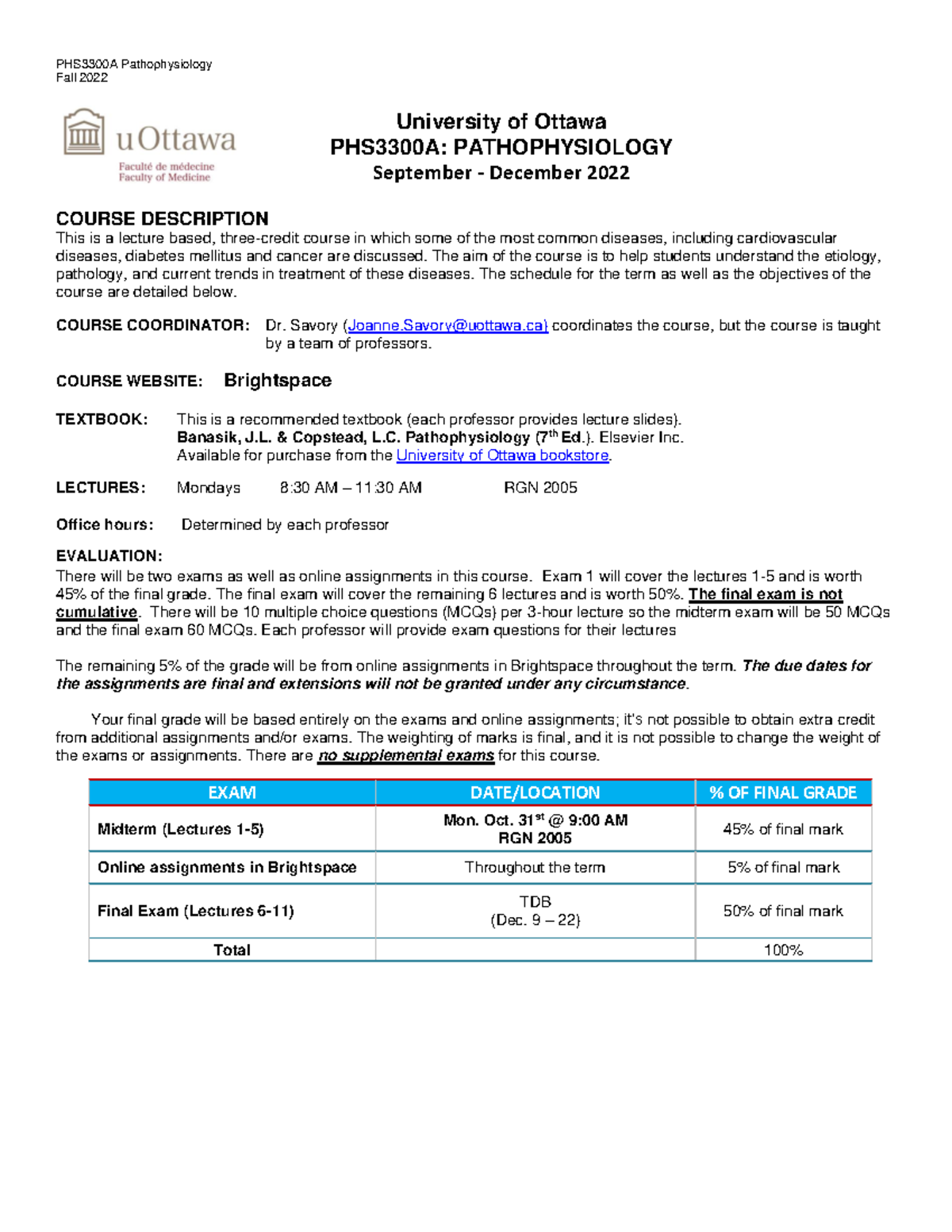 PHS3300A Course Syllabus FS2022 - PHS3300A Pathophysiology ####### Fall ...