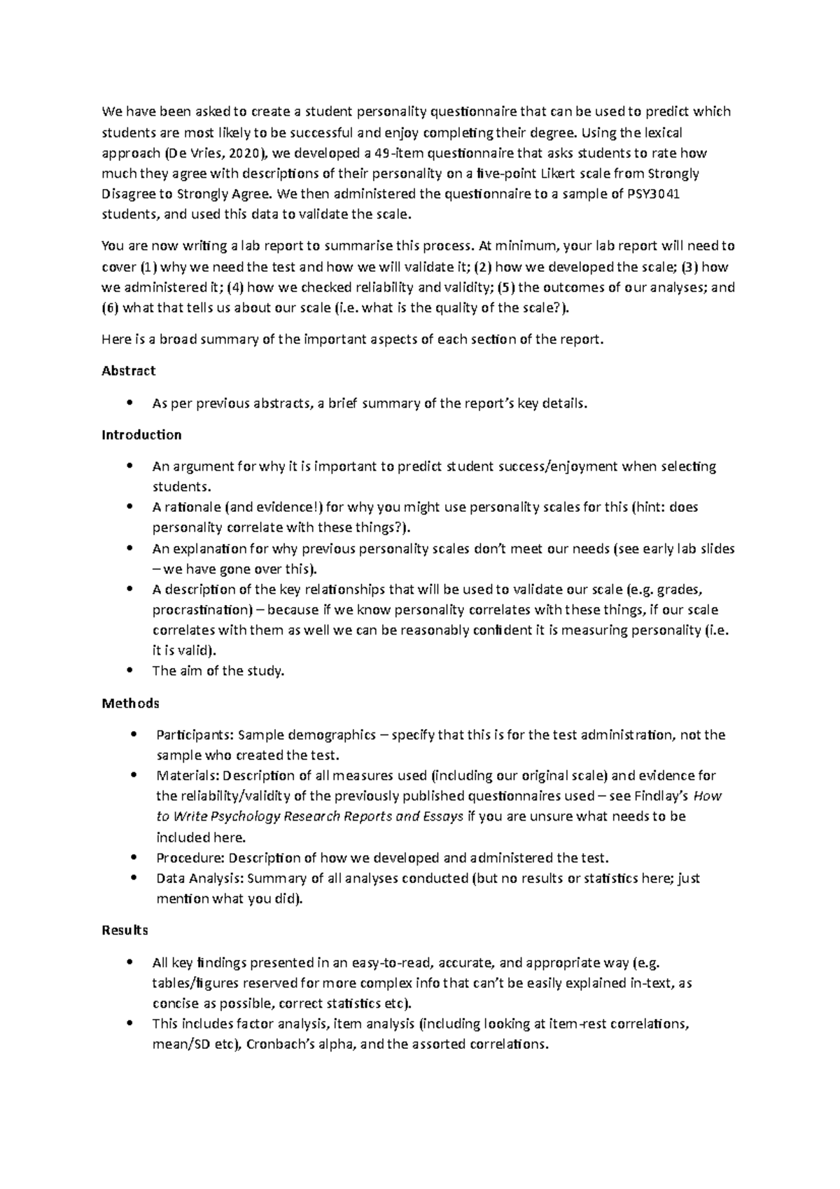 PSY3041 Lab Report Cheat Sheet - We have been asked to create a student ...