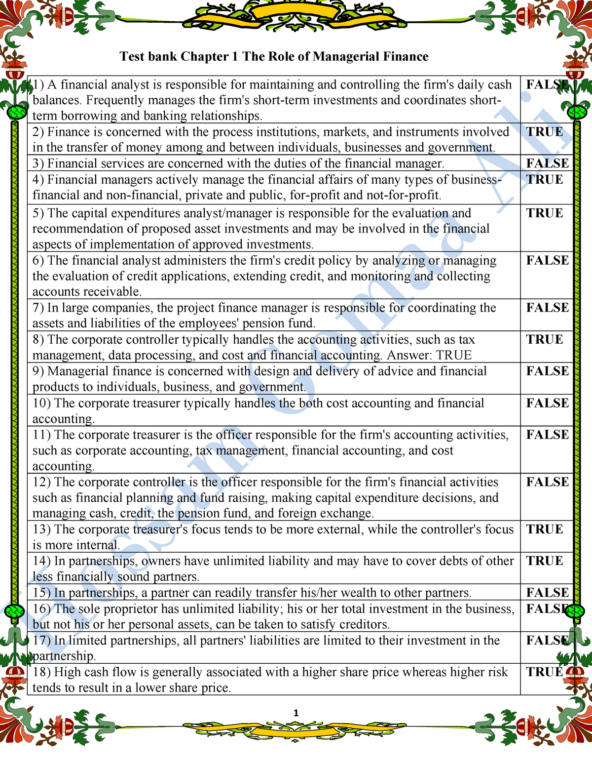 Test Bank Chapter One Finance Management - Test Bank Chapter 1 The Role ...