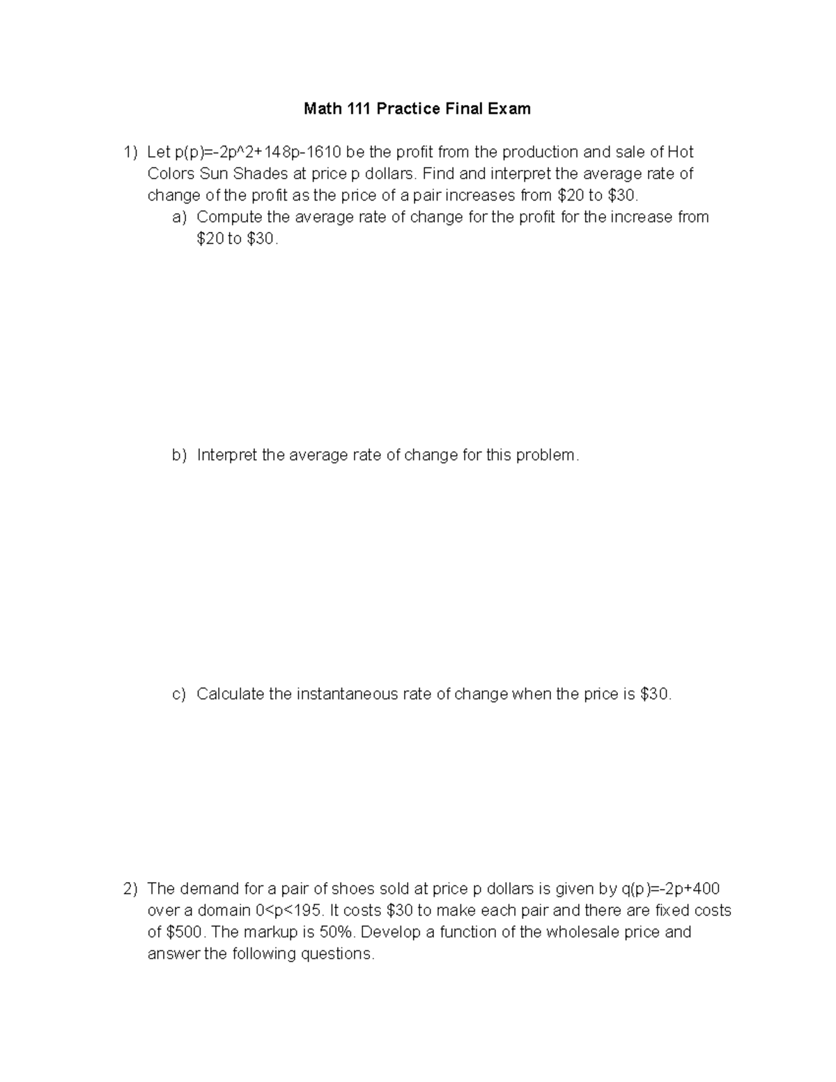 Math Practice Final Exam - Studocu