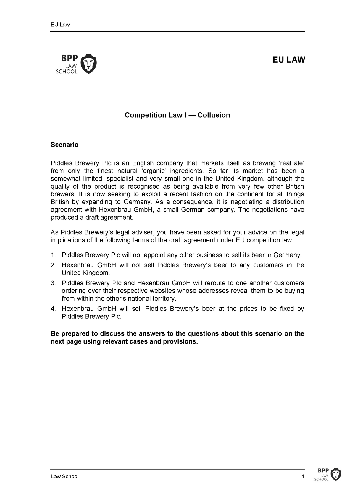 Competition Law I Tutorial EU Law Law School 1 EU LAW Competition Law