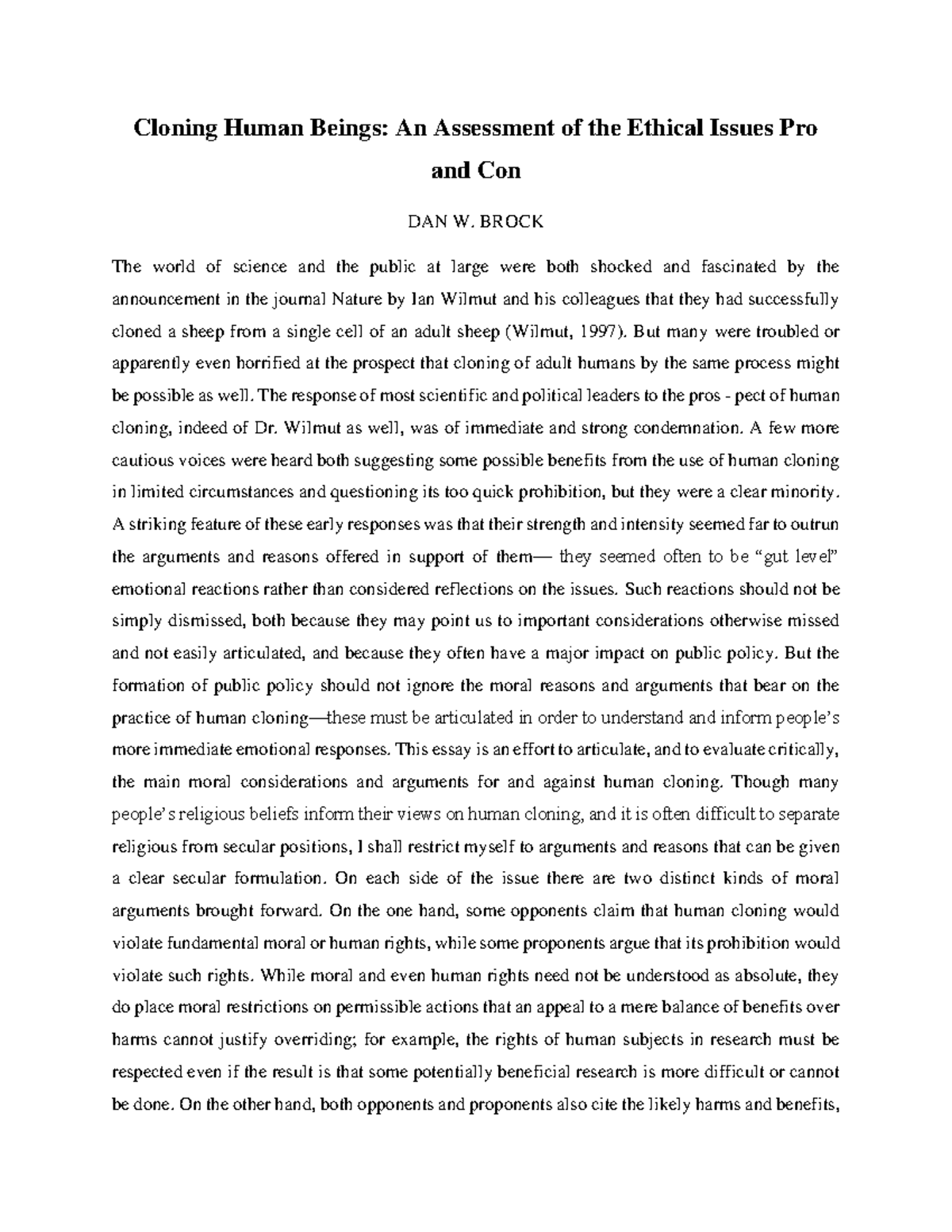 Cloning Human Beings-An Assessment of the Ethical Issues Pro and Con ...