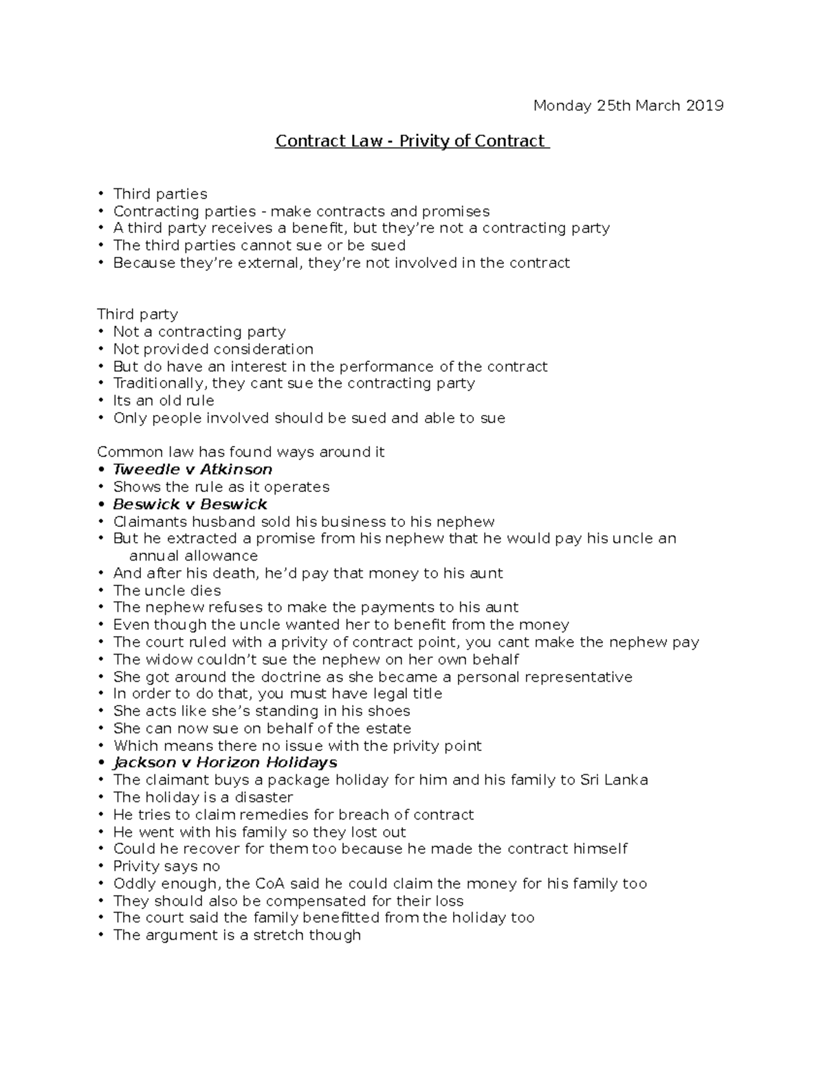 Contract Law Privity Of Contract Monday 25th March 2019 Contract