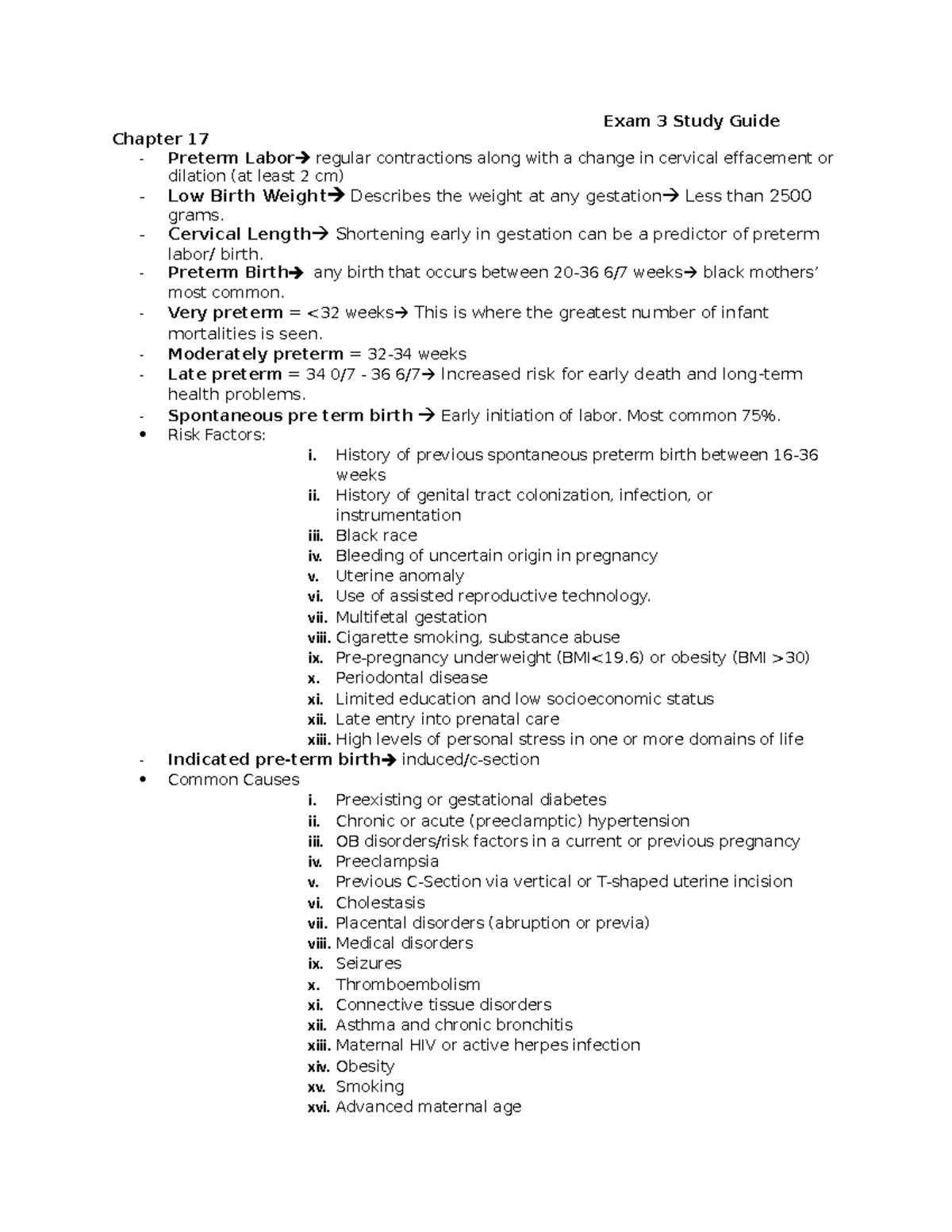 Preterm Labor and Prevention Study Guide - Studocu