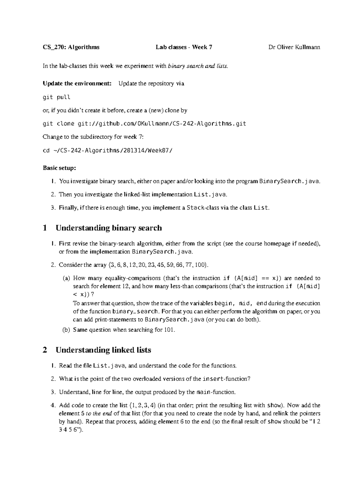 Lab7 Week 7 CS_270 Algorithms Lab classes Week 7 Dr Oliver