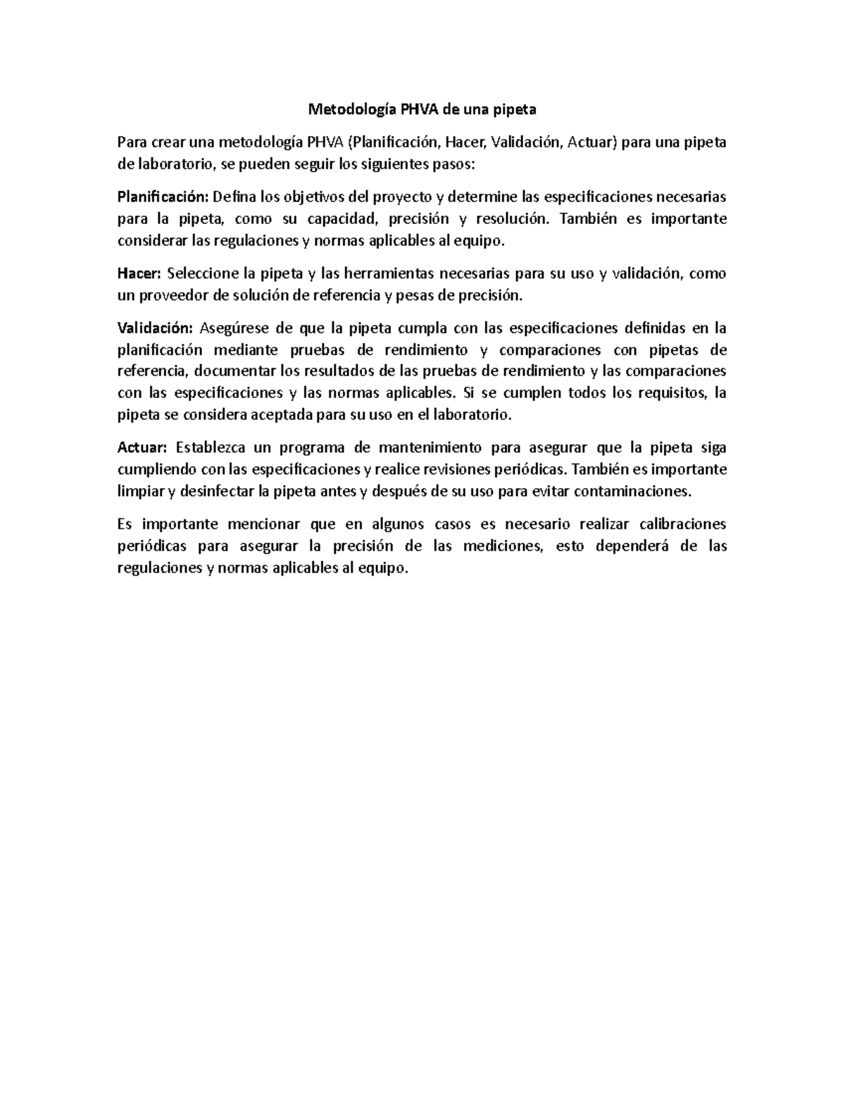 Metodología PHVC - Metodología PHVA de una pipeta Para crear una ...