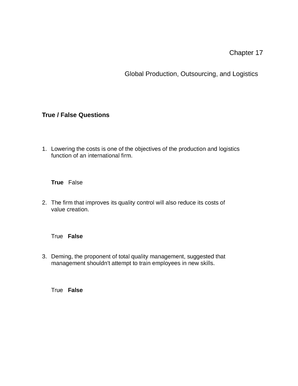 IB Testbank Chap 17fewfrfg - Chapter 17 Global Production, Outsourcing ...