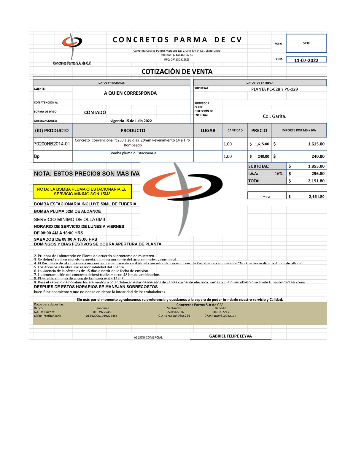 Cotizador. Concretos Parma SA DE CV - C O N C R E T O S P A R M A D E C ...