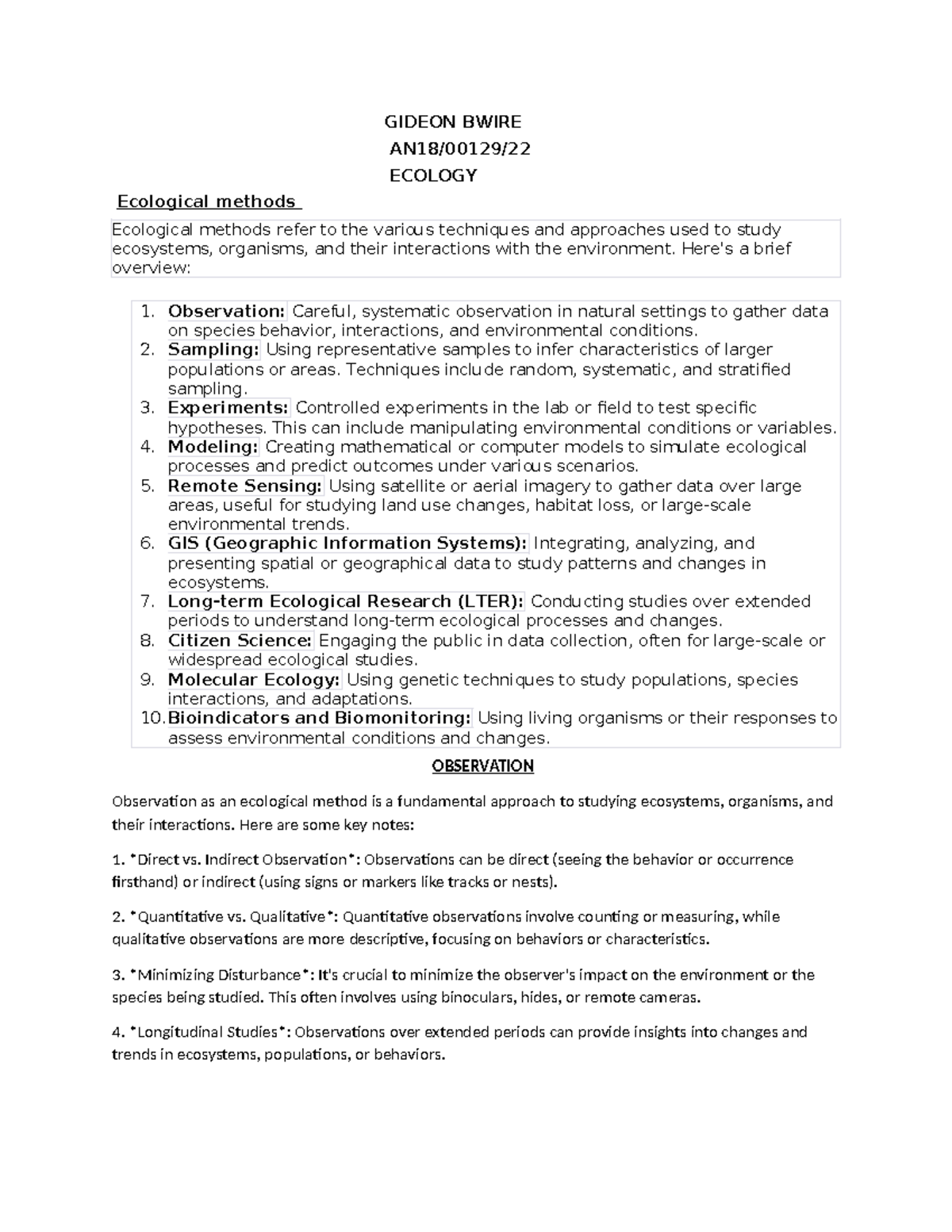 Ecological methods - GIDEON BWIRE AN18/00129/ ECOLOGY Ecological ...