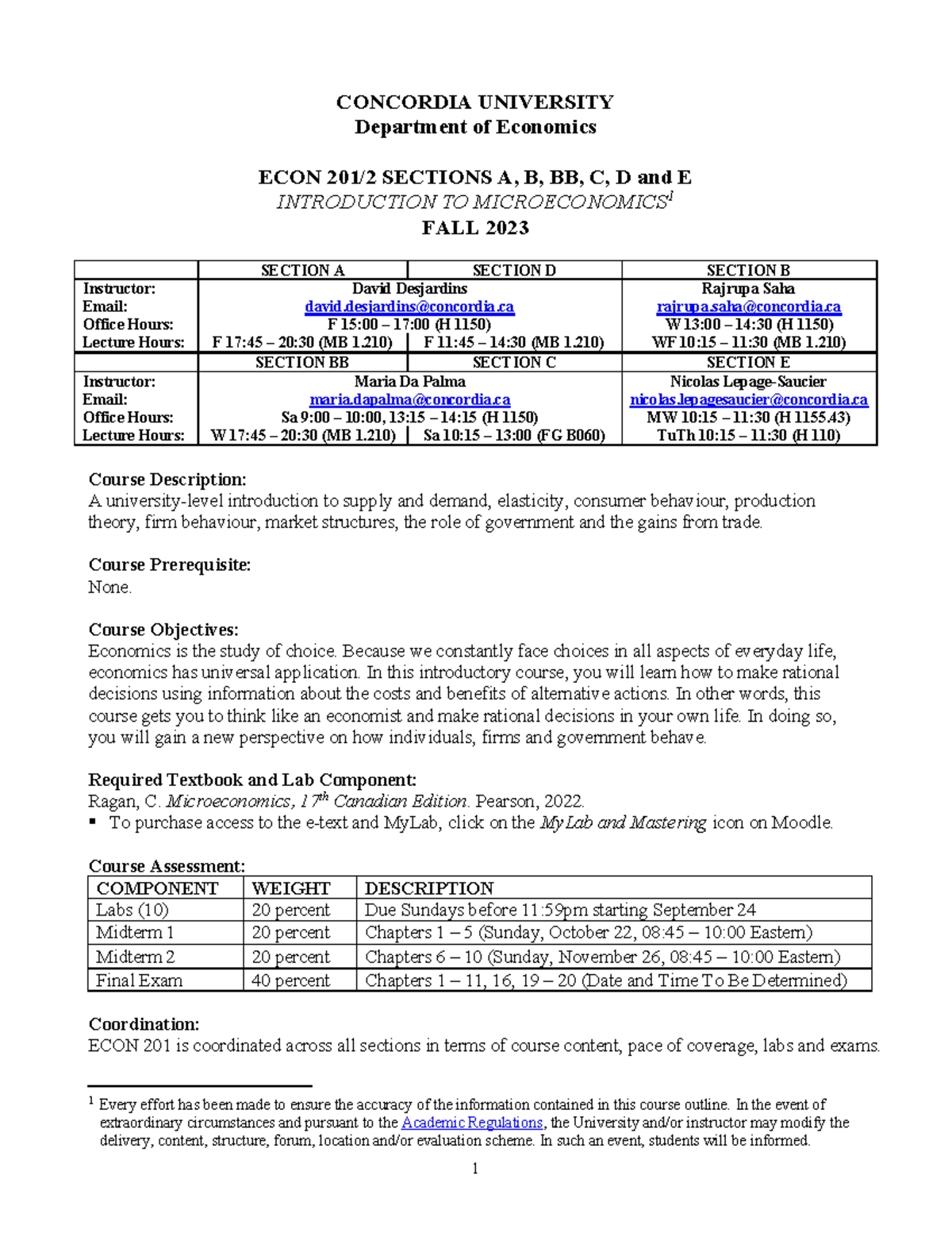 ECON 201 Course Outline Fall 2023 - CONCORDIA UNIVERSITY Department Of ...