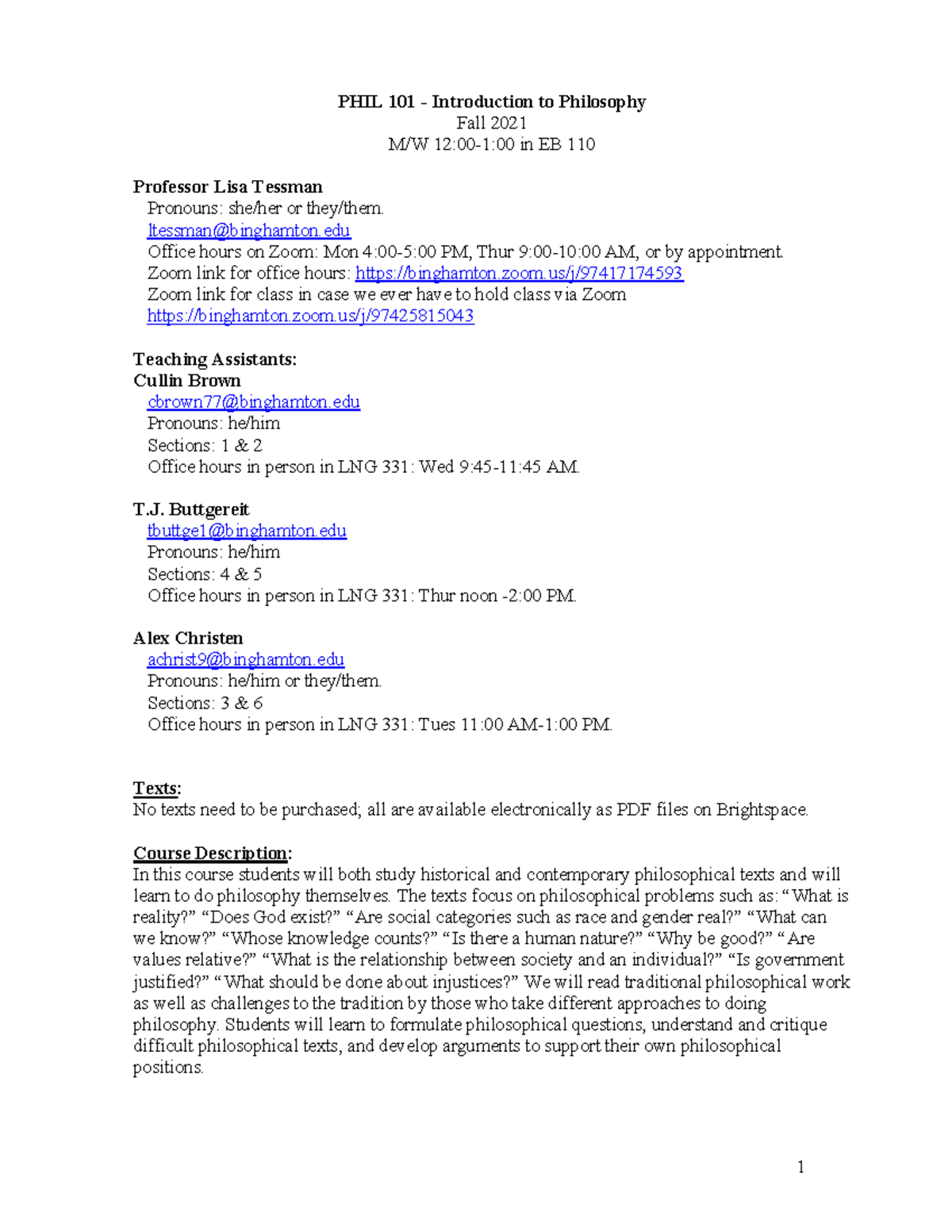 Introduction to Philosophy Fall 2021 ltessmanbinghamton Office hours