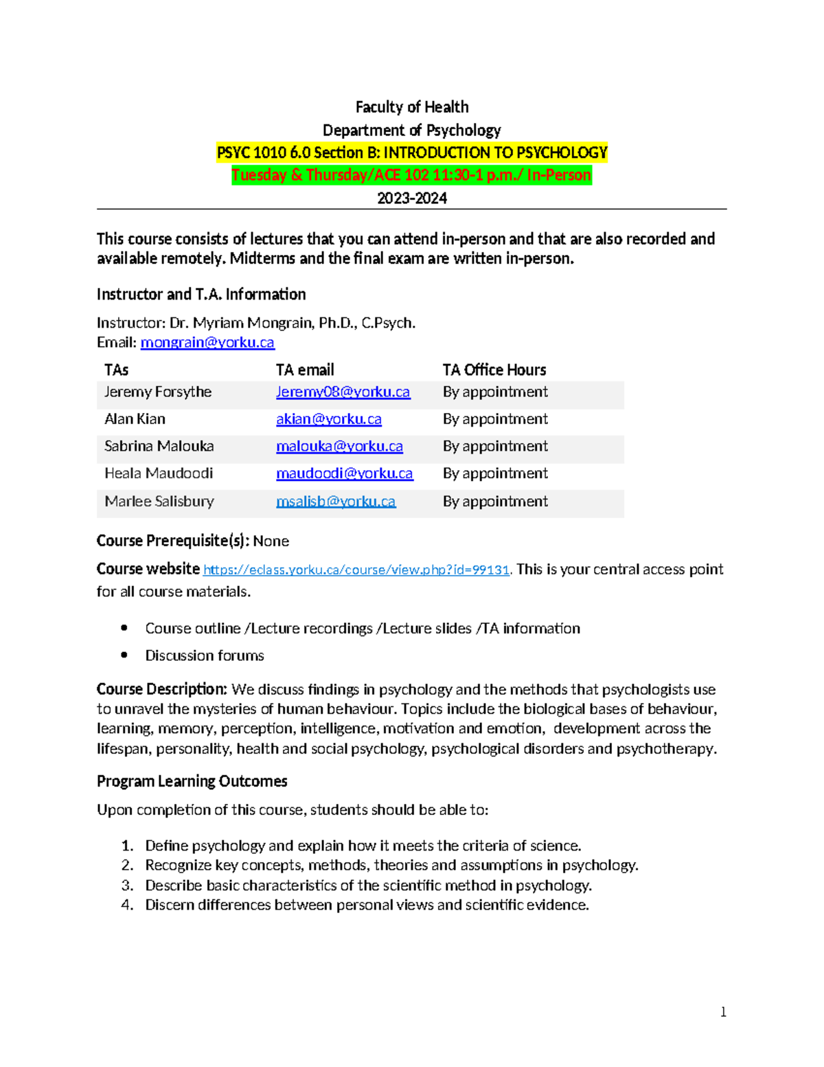 PSYC1010B 2023-2024 - Faculty of Health Department of Psychology PSYC ...