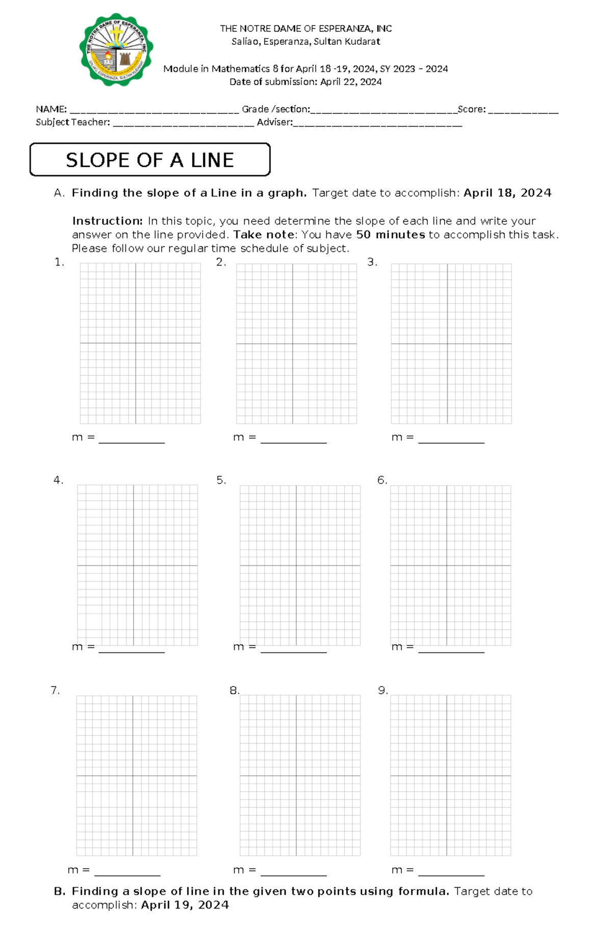 Slope of a line - ,.......... - THE NOTRE DAME OF ESPERANZA, INC Saliao ...