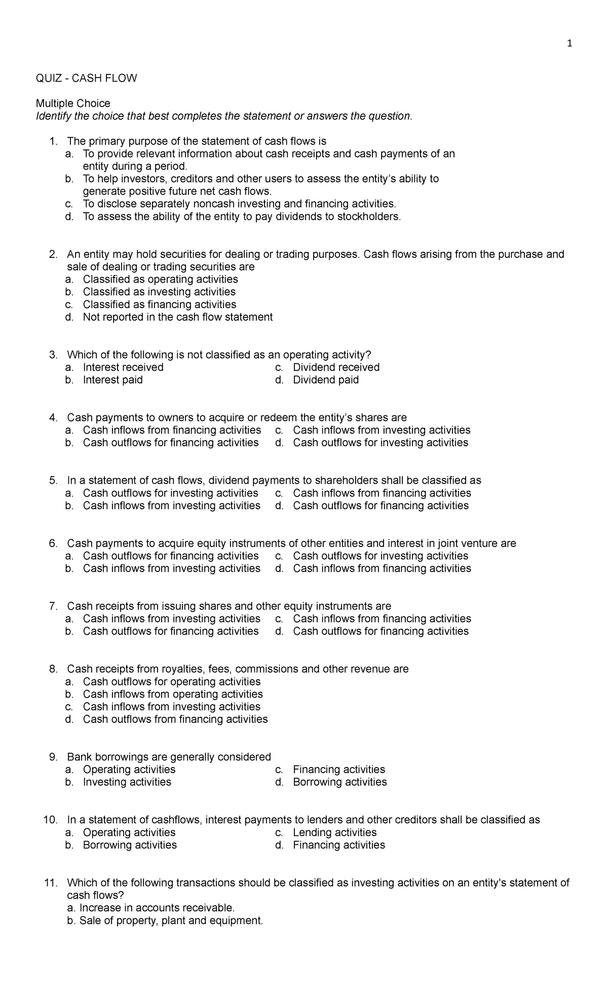 QUIZ-CASH-FLOW-Module 7-For Accounting102 - QUIZ - CASH FLOW Multiple ...