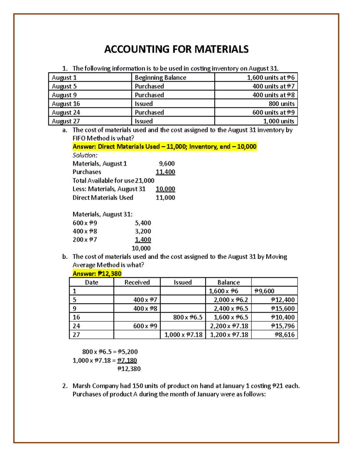 Accounting for Materials Problems with Answers ACCOUNTING FOR