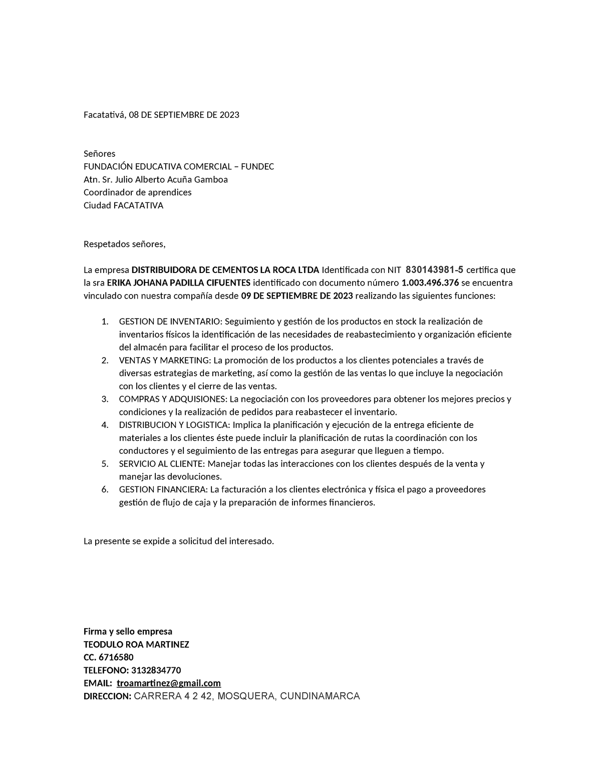 Formato Carta DE Funciones falta el membrete , sello y firmas ...