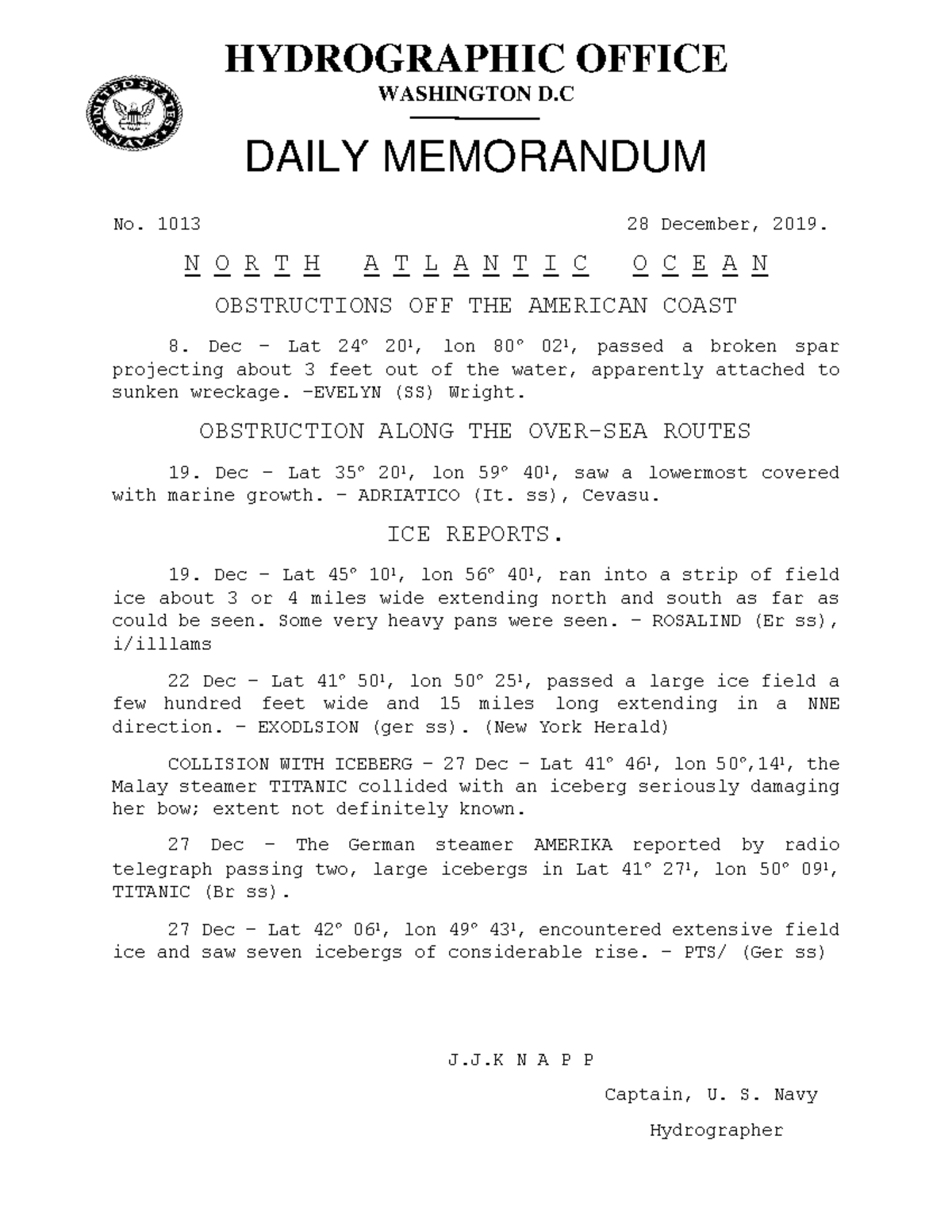 Latest Iceberg document - HYDROGRAPHIC OFFICE WASHINGTON D DAILY ...