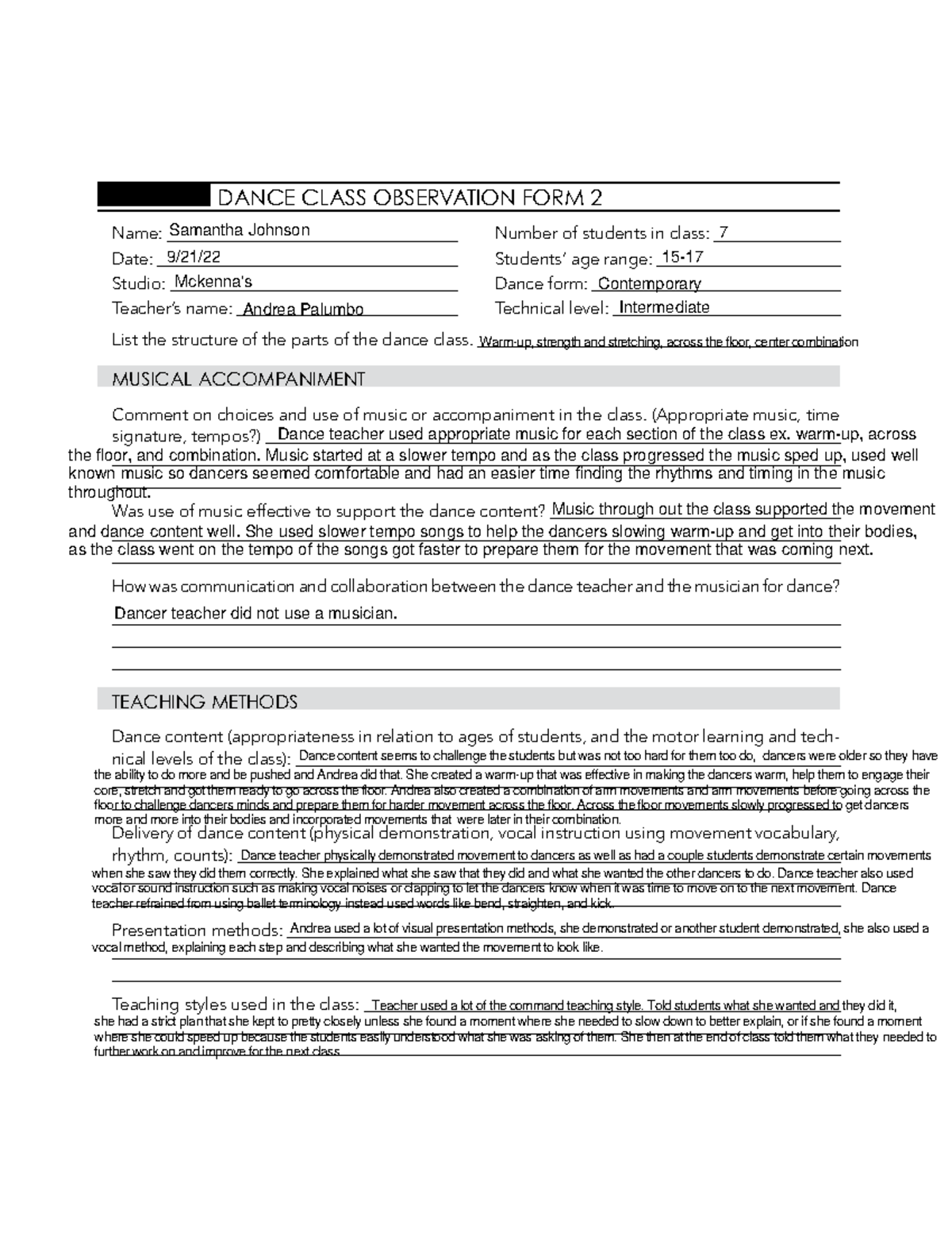 Observation Form 2 - The assignment is to go into another professor's ...