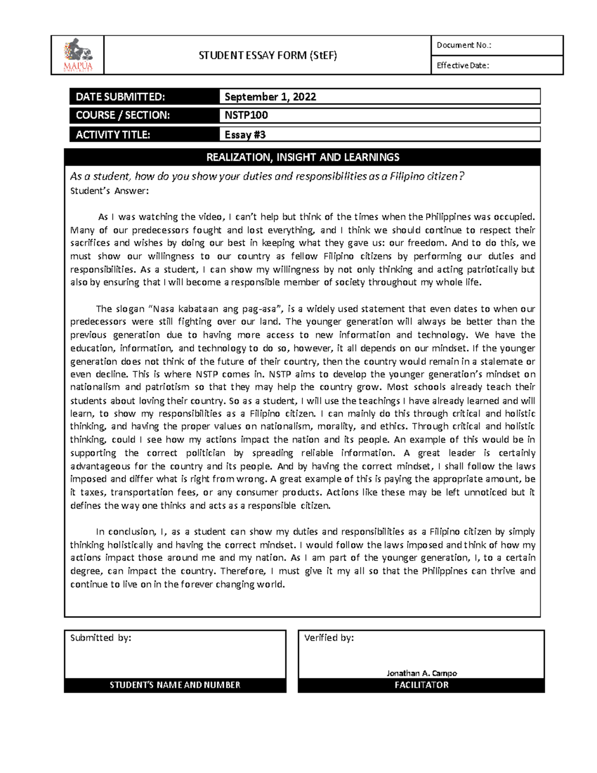 NSTP1 00 A6 Essay#3 - NSTP Essays First Year - STUDENT ESSAY FORM (StEF ...