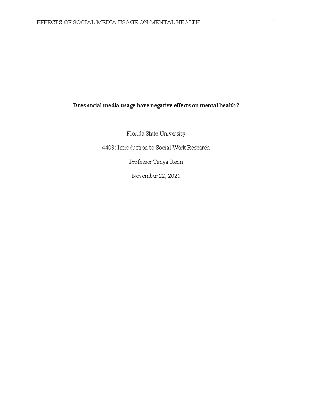 Does Social Media Usage Have Negative Effects On Mental Health Essay