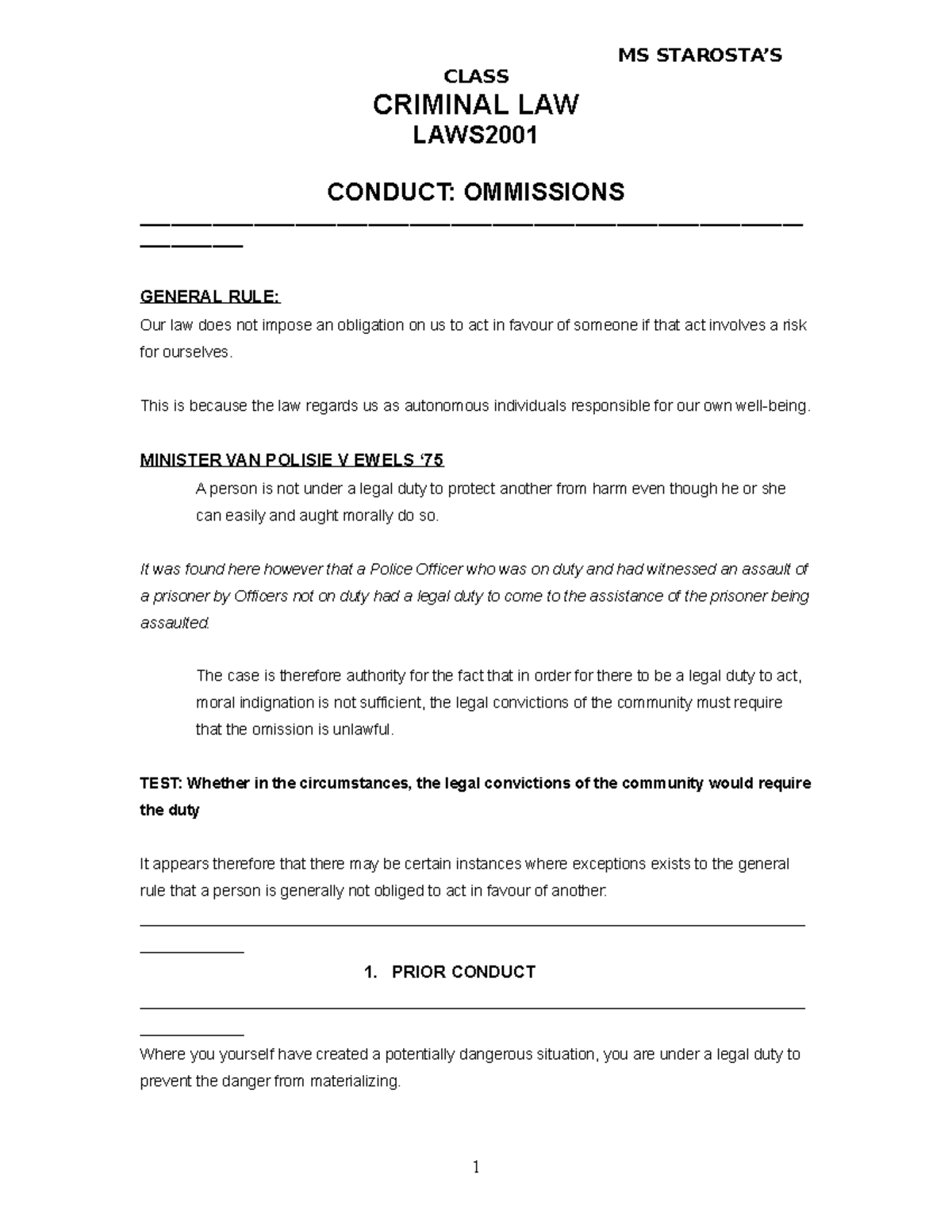 2 Criminal LAW Ommissions Notes (1) - MS STAROSTA’S CLASS CRIMINAL LAW ...