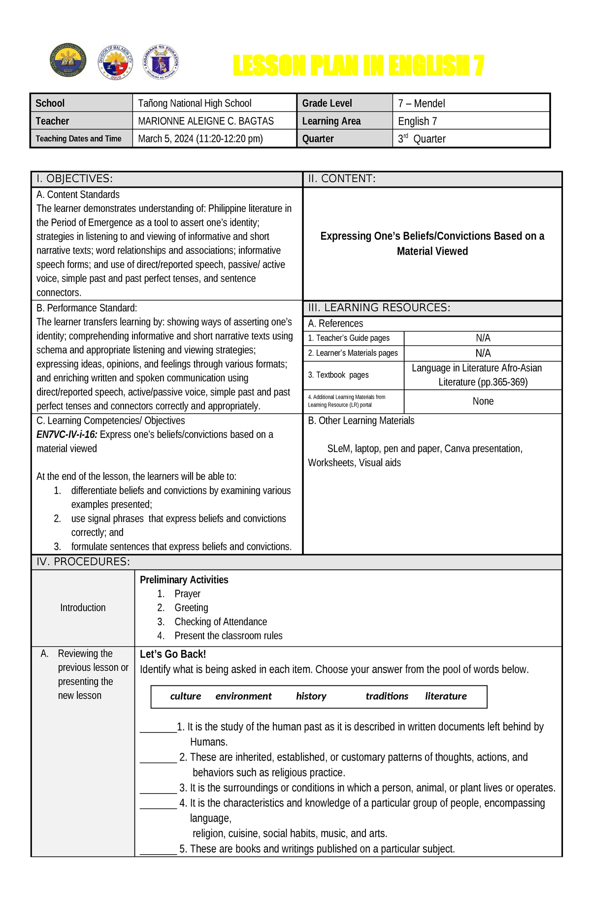 Daily Lesson Plan CO3 - LESSON PLAN IN ENGLISH 7 School Tañong National ...