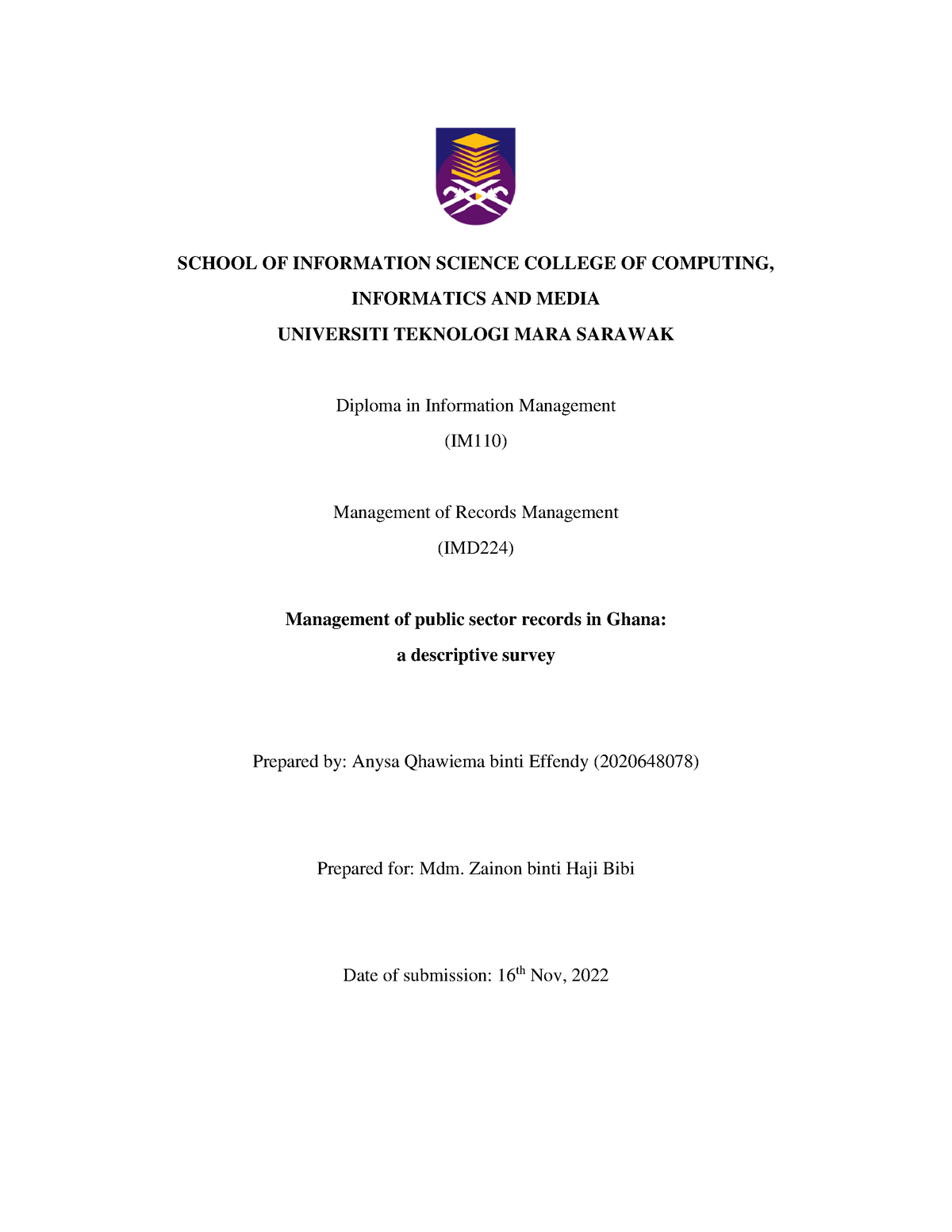 Individual Assignment - SCHOOL OF INFORMATION SCIENCE COLLEGE OF ...