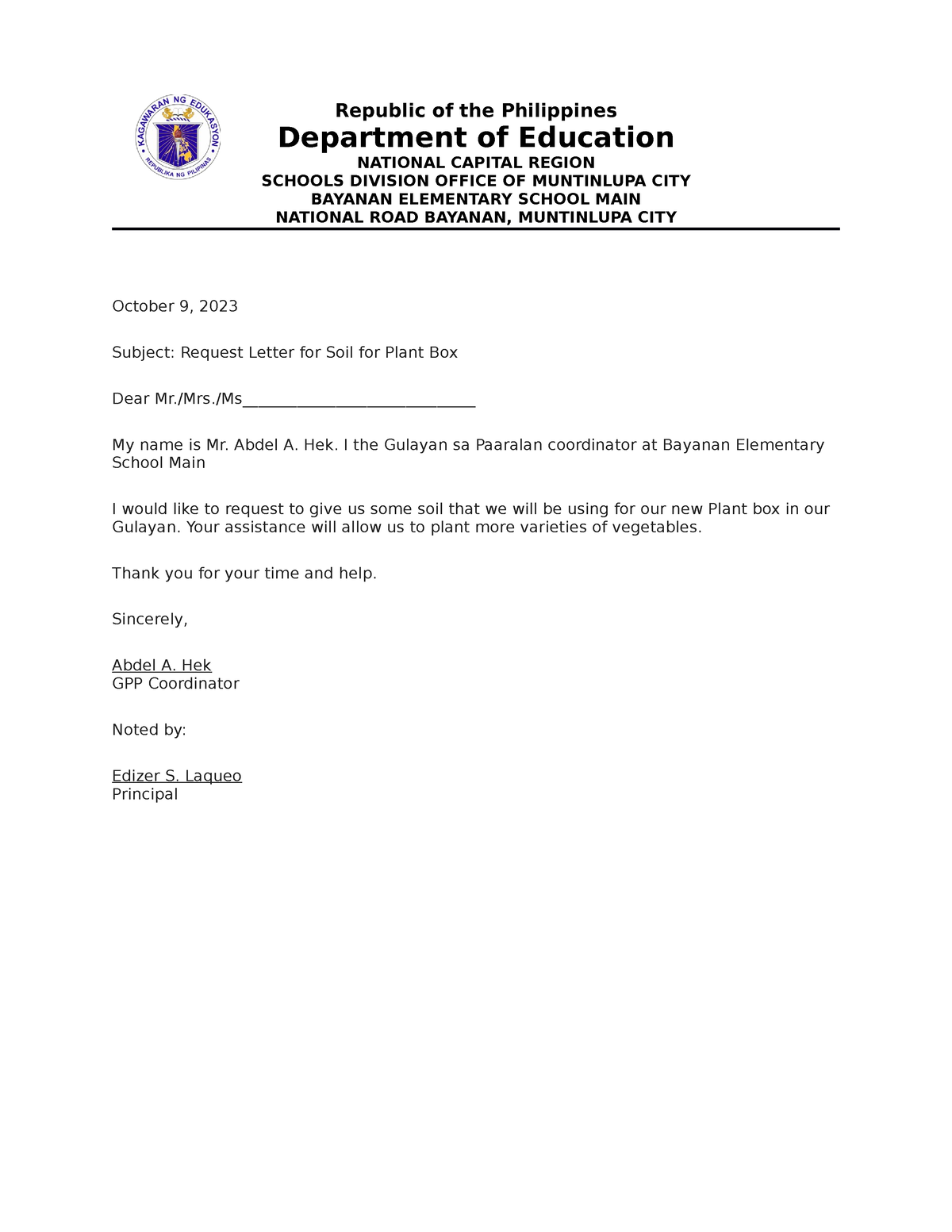 Request Letter Soil - Republic of the Philippines Department of ...