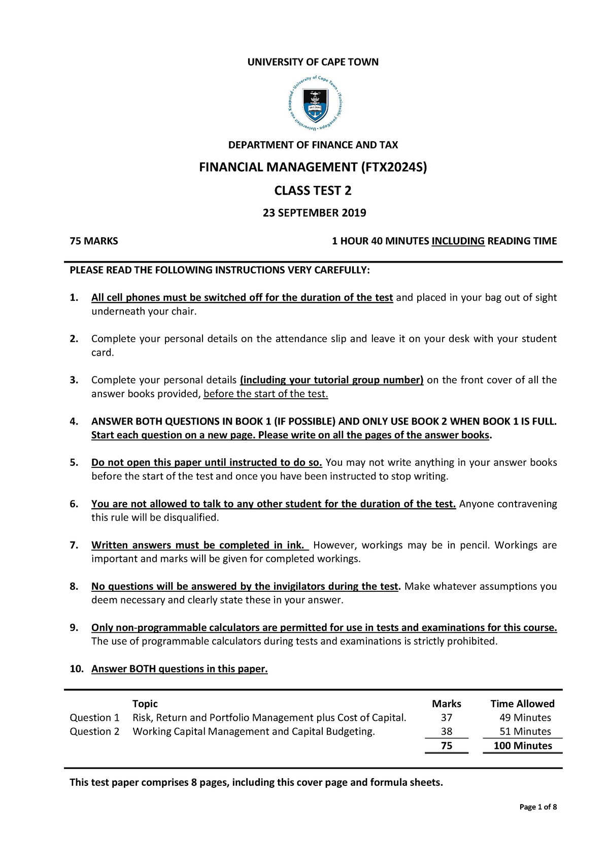 FTX2024S 2019 Test 2 Question Paper Corrected Version UNIVERSITY   Thumb 1200 1697 