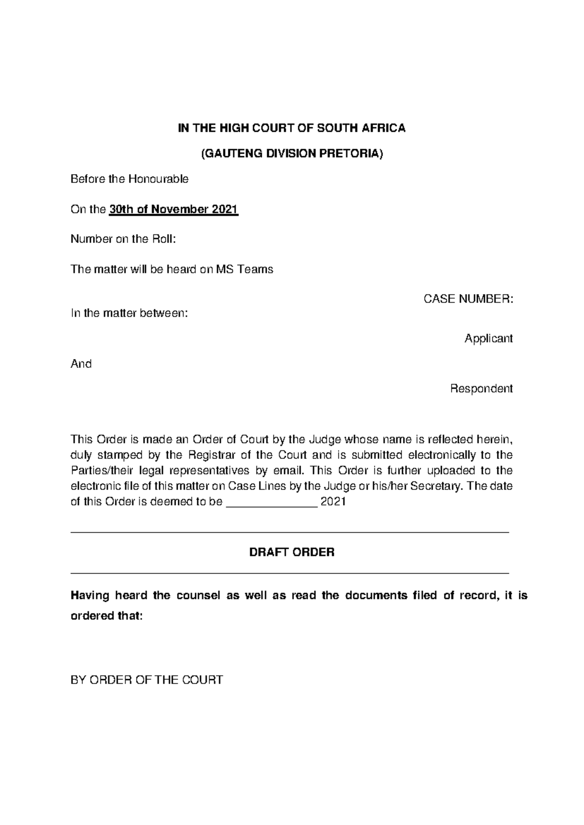 Draft Order Example - IN THE HIGH COURT OF SOUTH AFRICA (GAUTENG ...