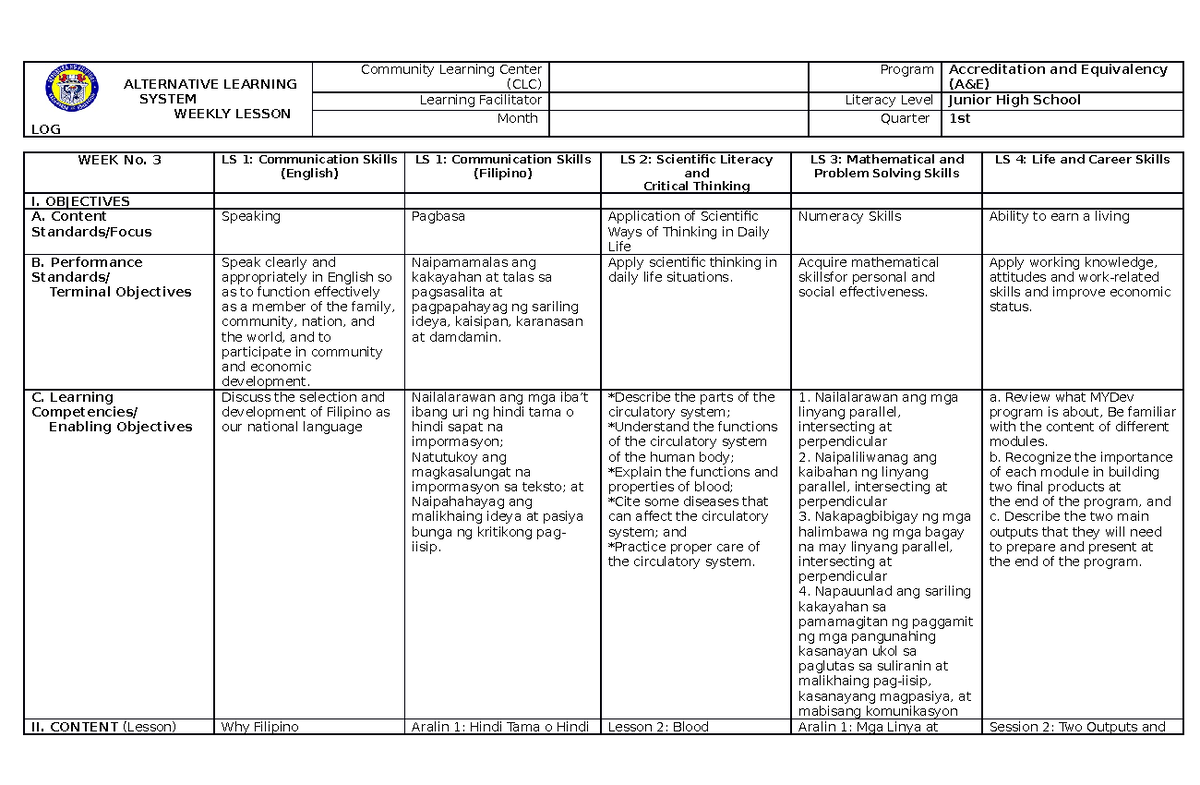 Wll-June-2019-week-3 - ALTERNATIVE LEARNING SYSTEM WEEKLY LESSON LOG ...