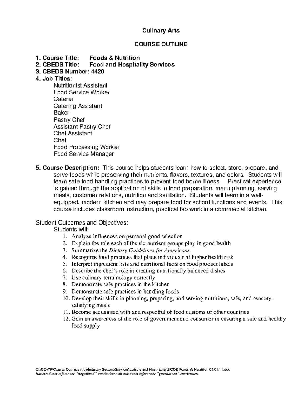 Ex of course outline - G:\CDWP\Course Outlines (pb)\Industry Sectors ...